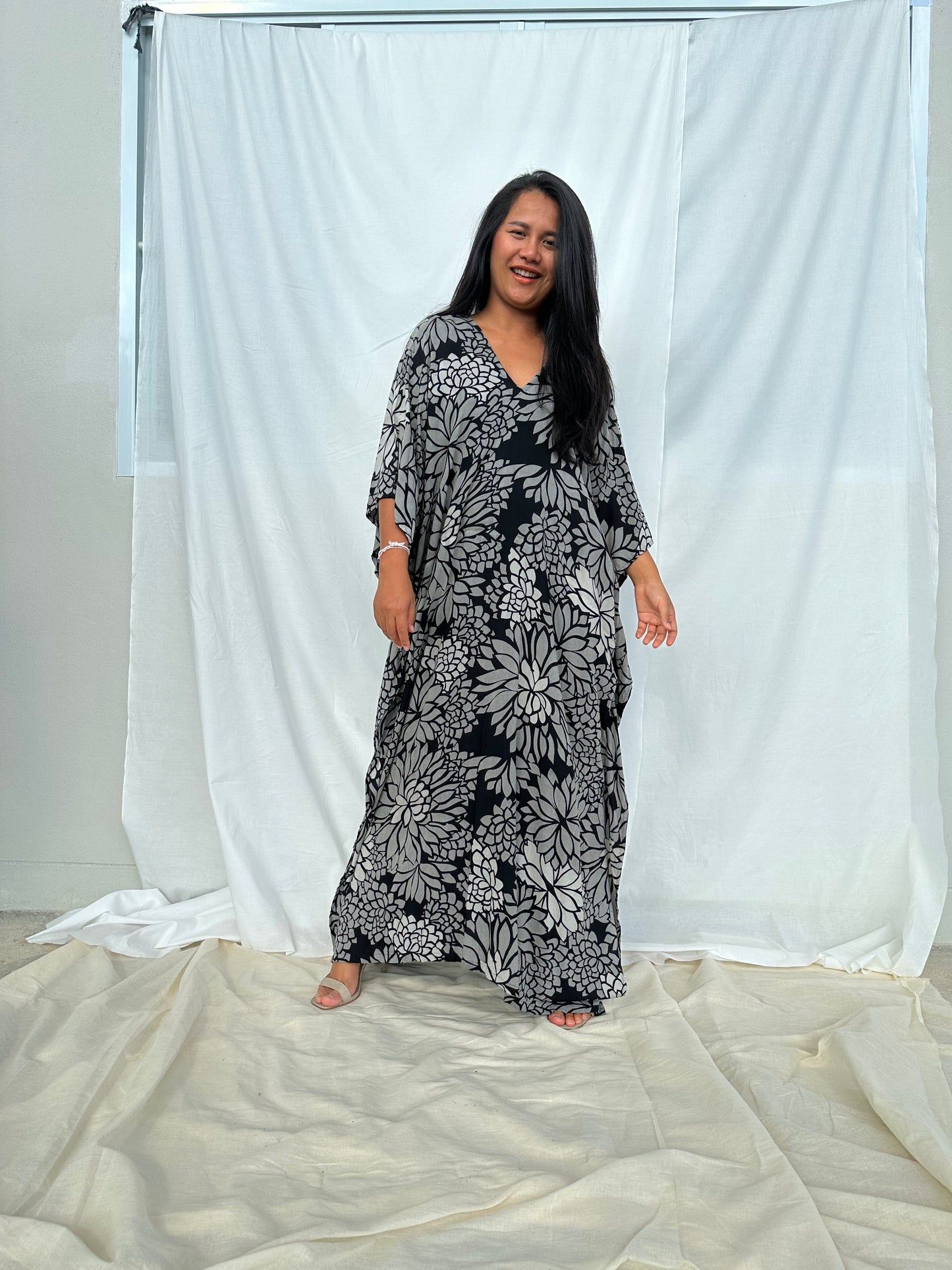 MALA handworks Luna Kaftan in Black and Floral Silkscreen