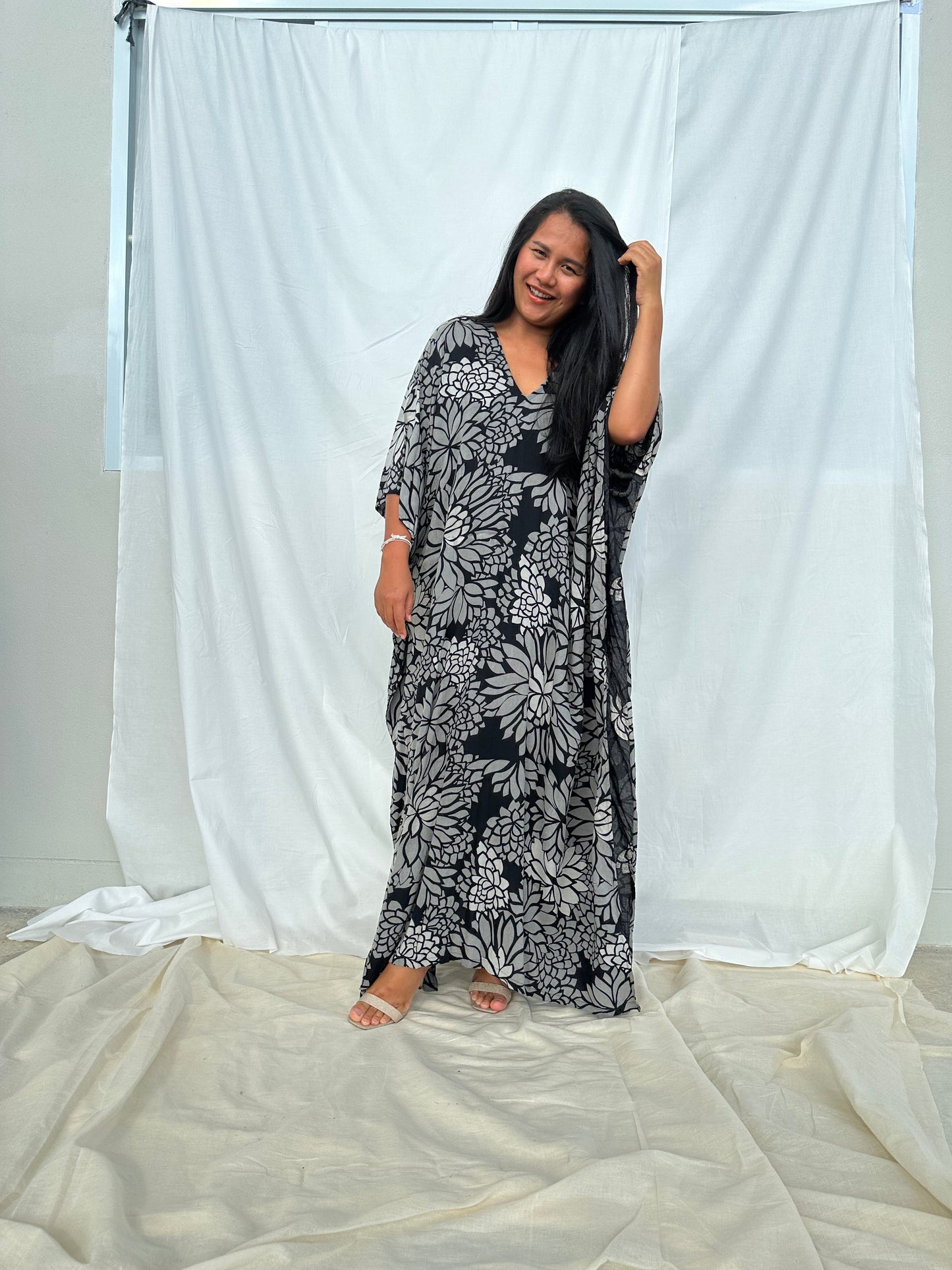 MALA handworks Luna Kaftan in Black and Floral Silkscreen