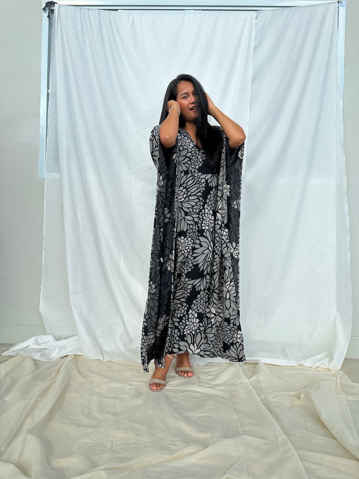MALA handworks Luna Kaftan in Black and Floral Silkscreen