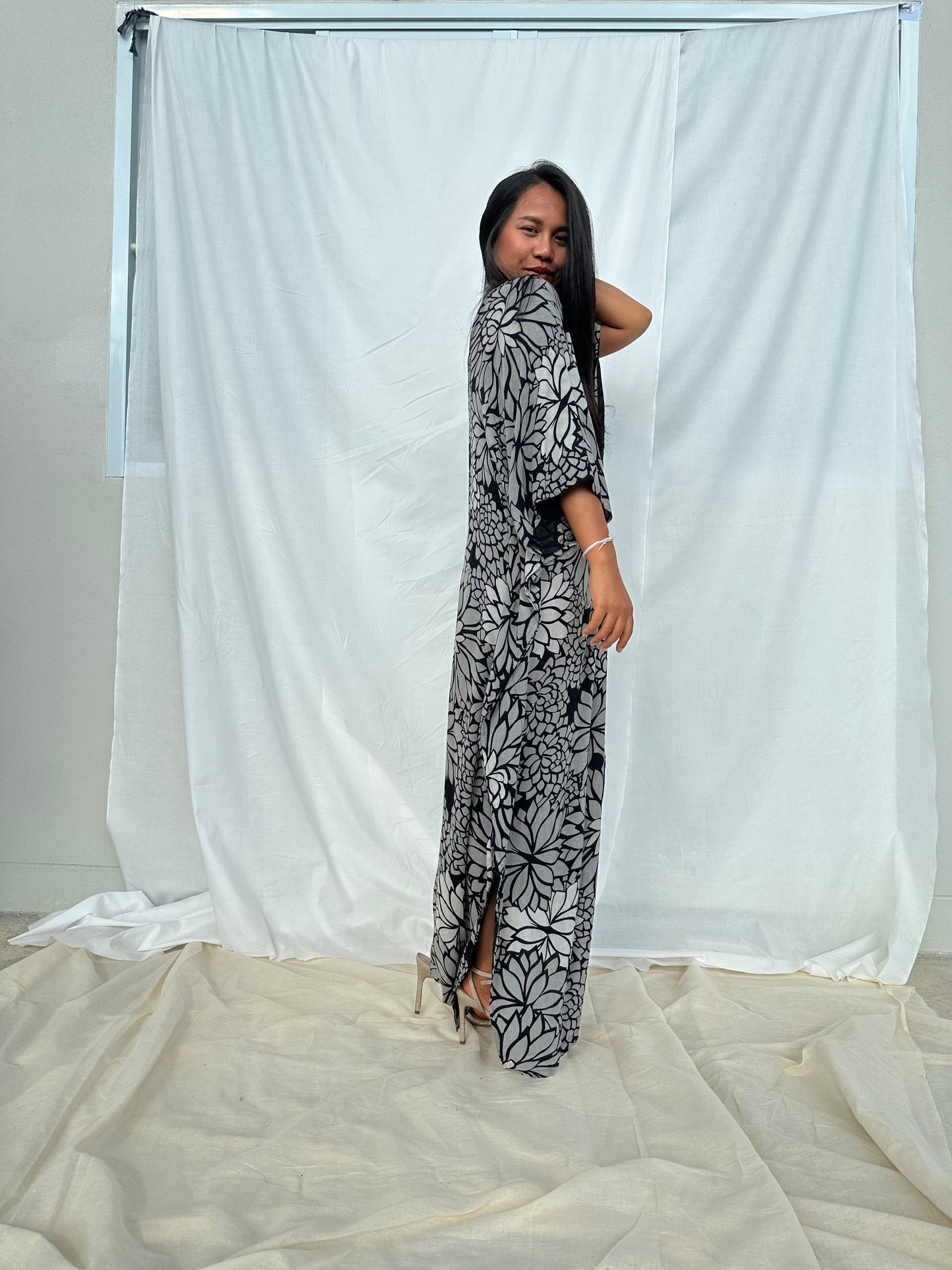 MALA handworks Luna Kaftan in Black and Floral Silkscreen