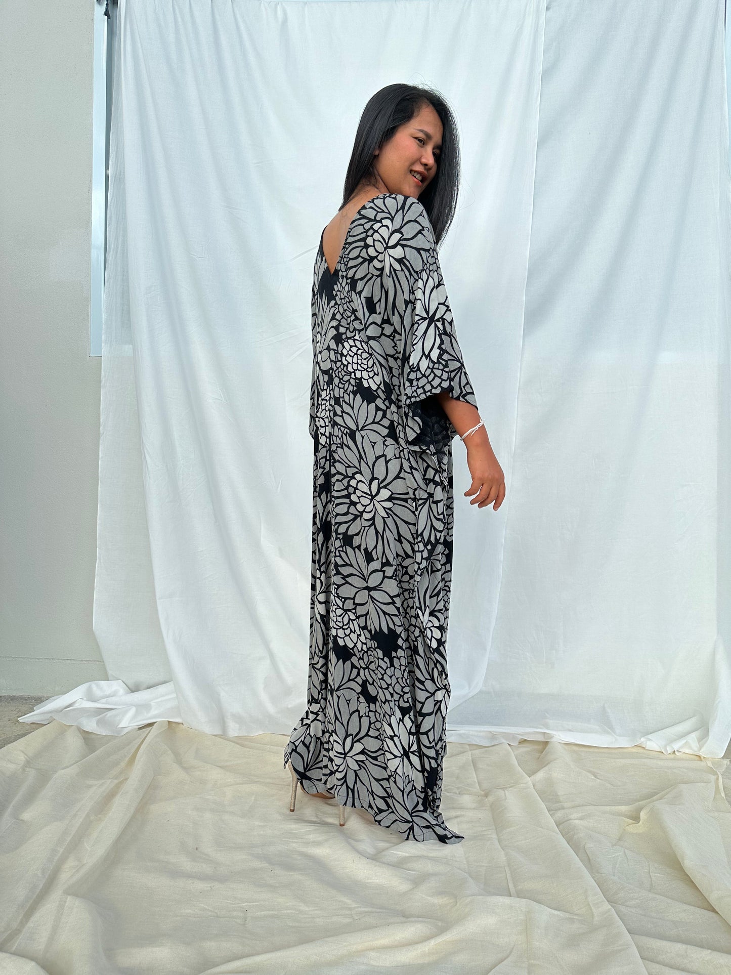 MALA handworks Luna Kaftan in Black and Floral Silkscreen