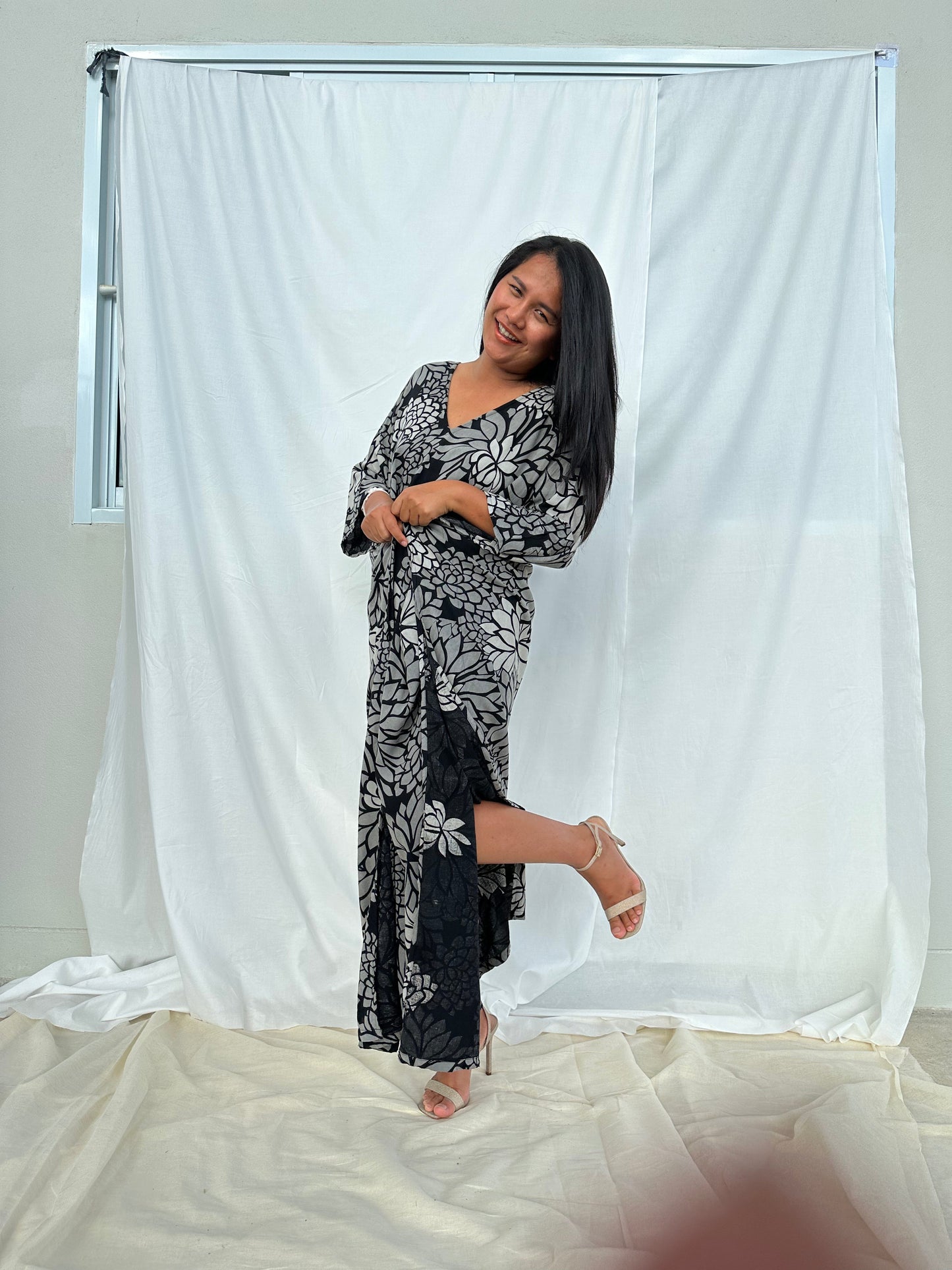 MALA handworks Luna Kaftan in Black and Floral Silkscreen