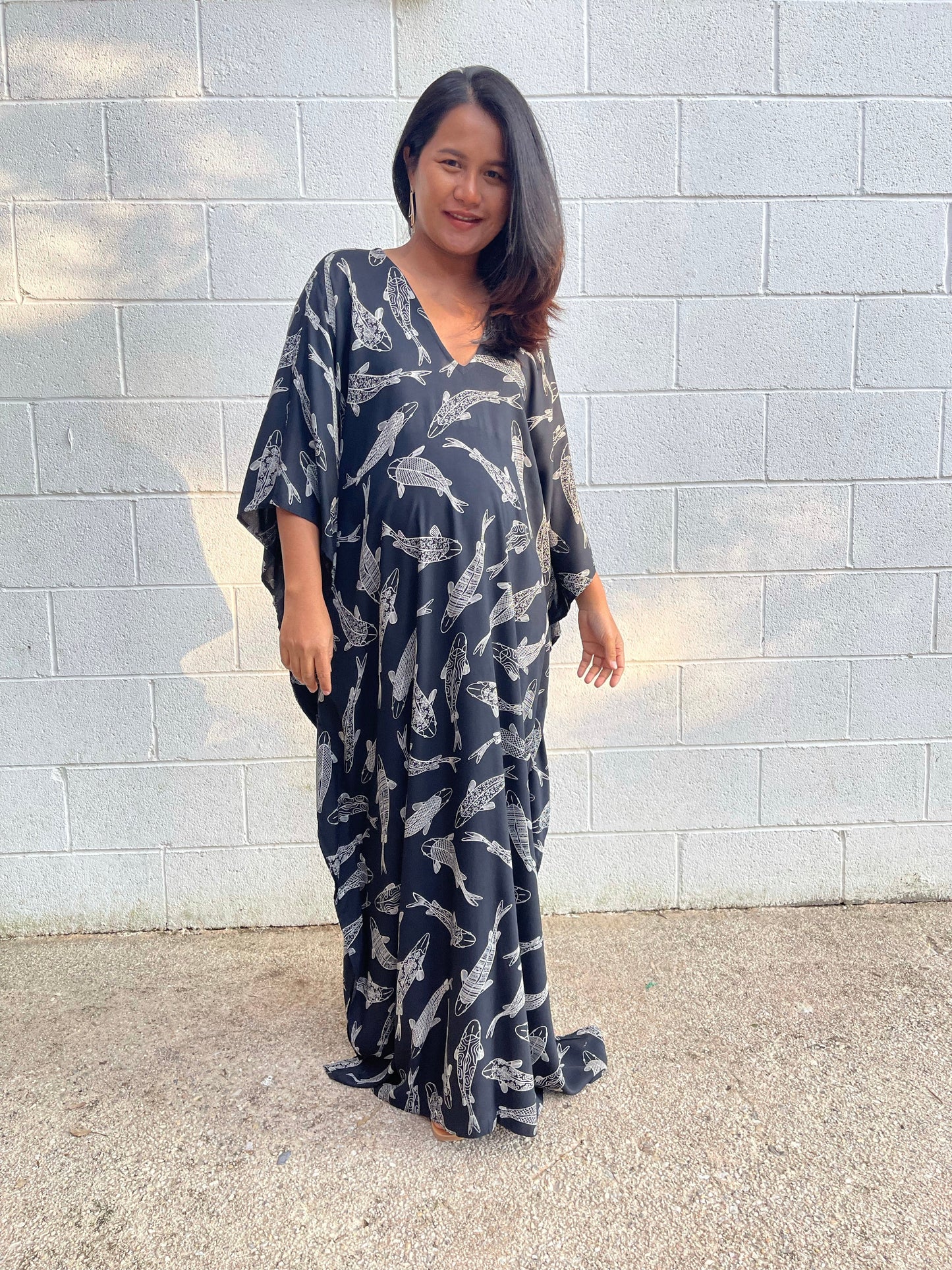 MALA handworks Luna Kaftan in Black and Lucky Fish Silkscreen