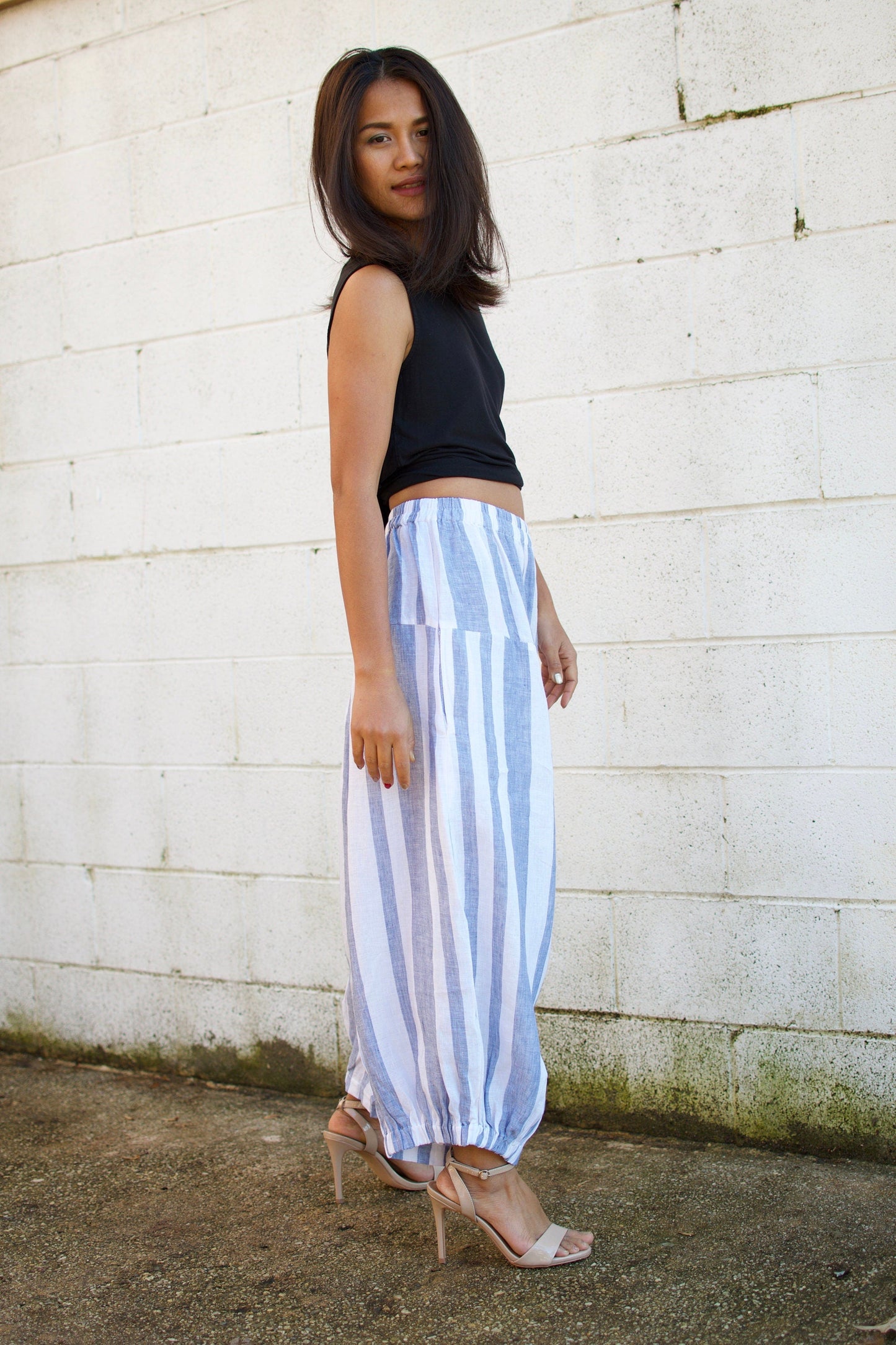 MALA handworks Lyla Linen pants in White and Blue Stripe