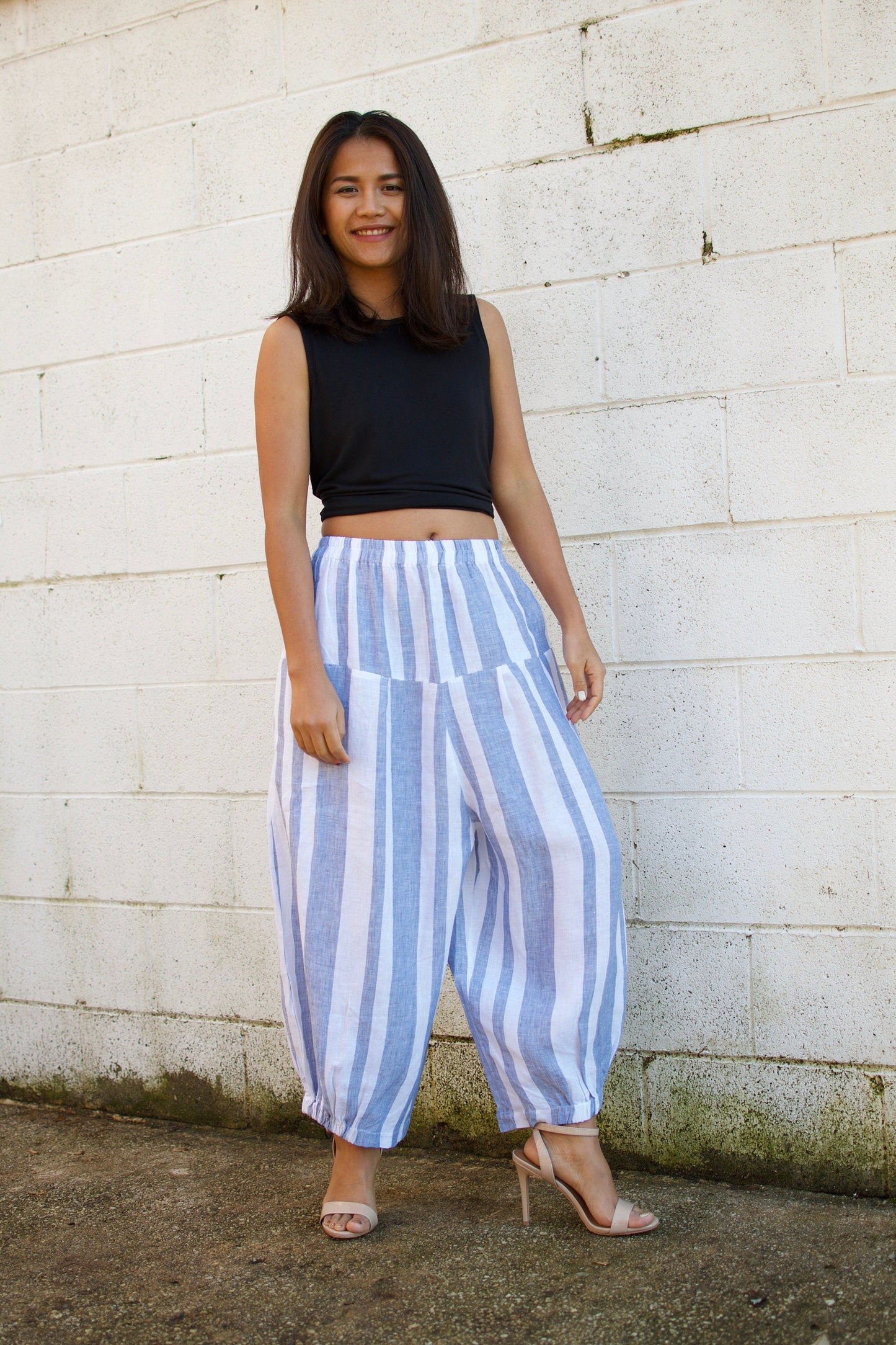 MALA handworks Lyla Linen pants in White and Blue Stripe