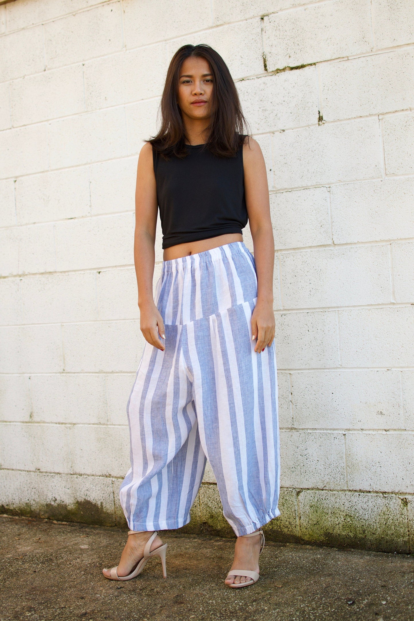 MALA handworks Lyla Linen pants in White and Blue Stripe