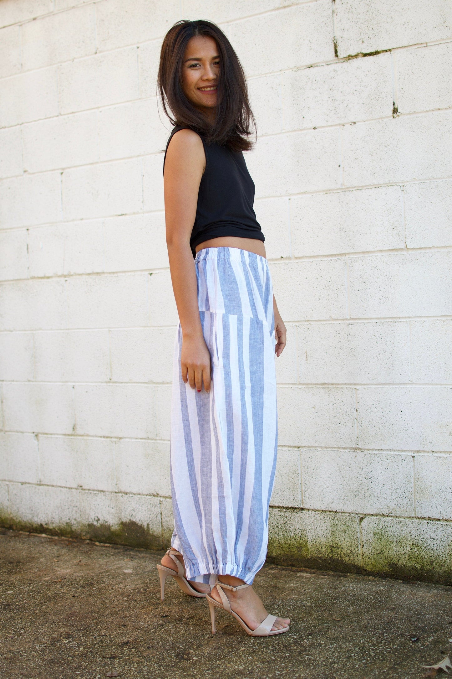 MALA handworks Lyla Linen pants in White and Blue Stripe