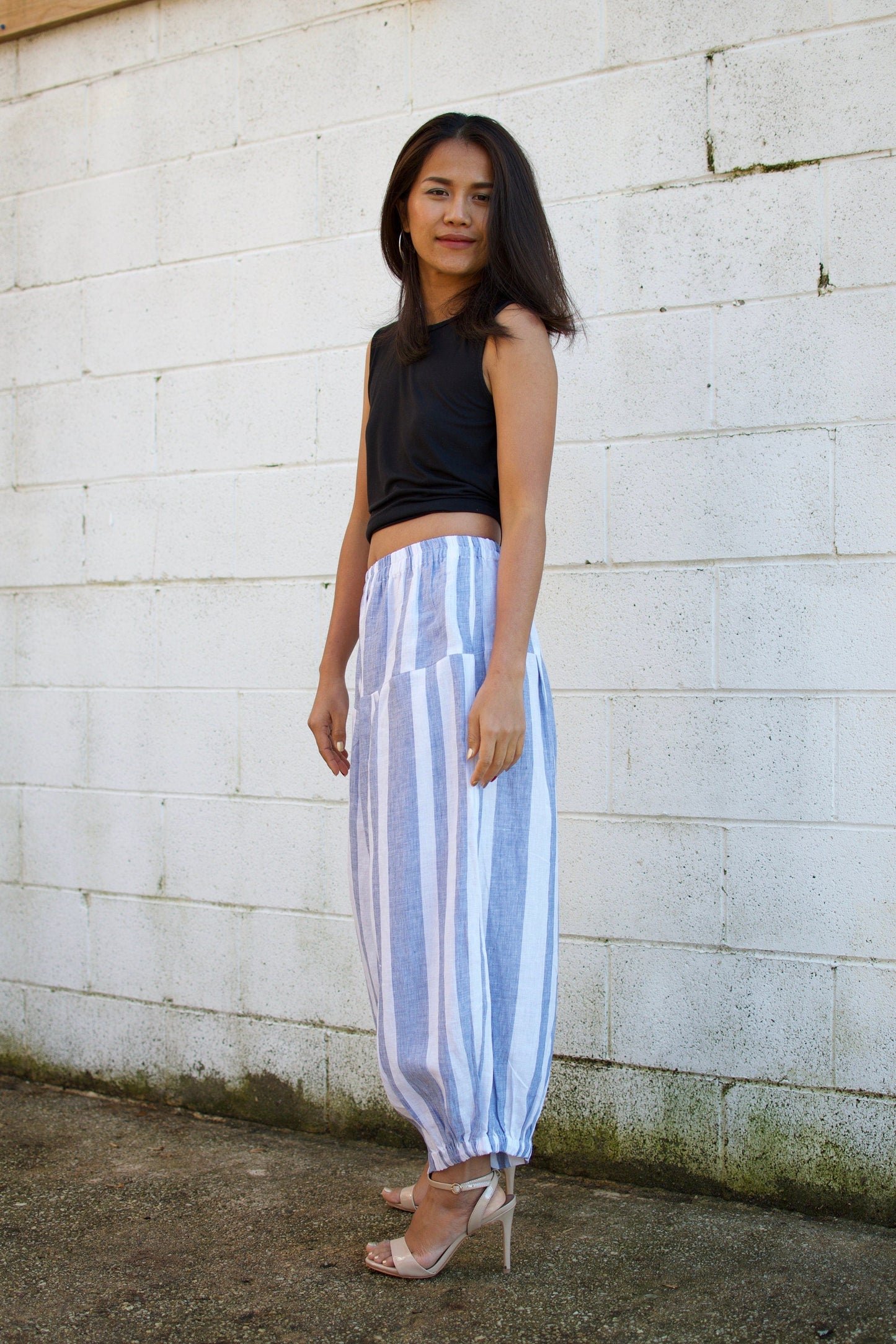 MALA handworks Lyla Linen pants in White and Blue Stripe