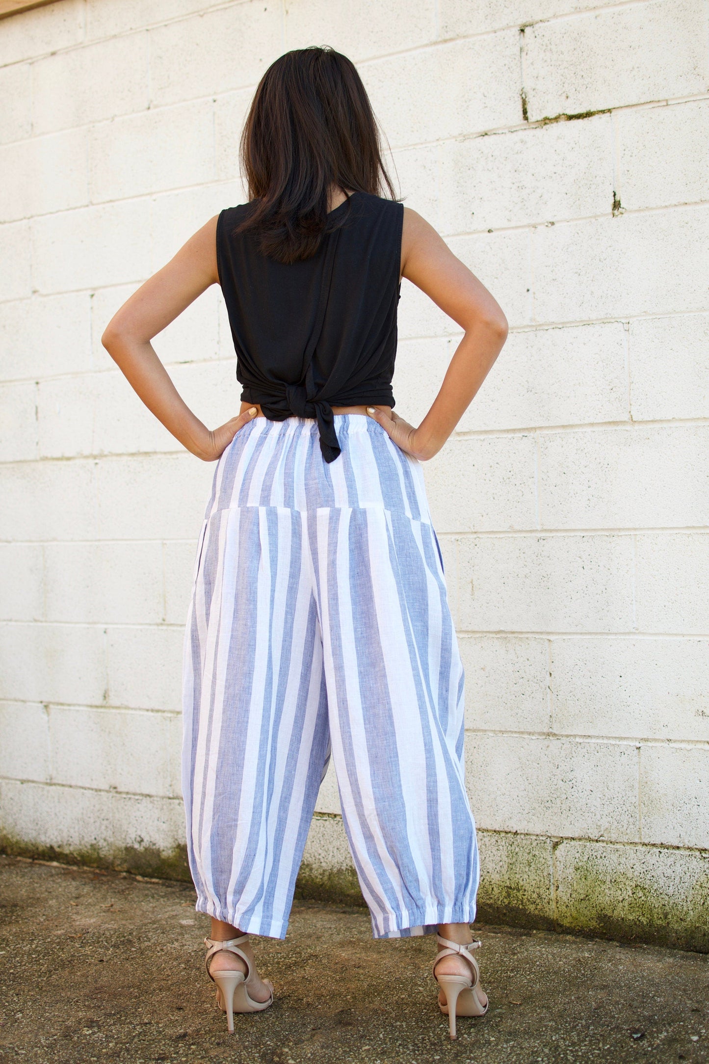 MALA handworks Lyla Linen pants in White and Blue Stripe