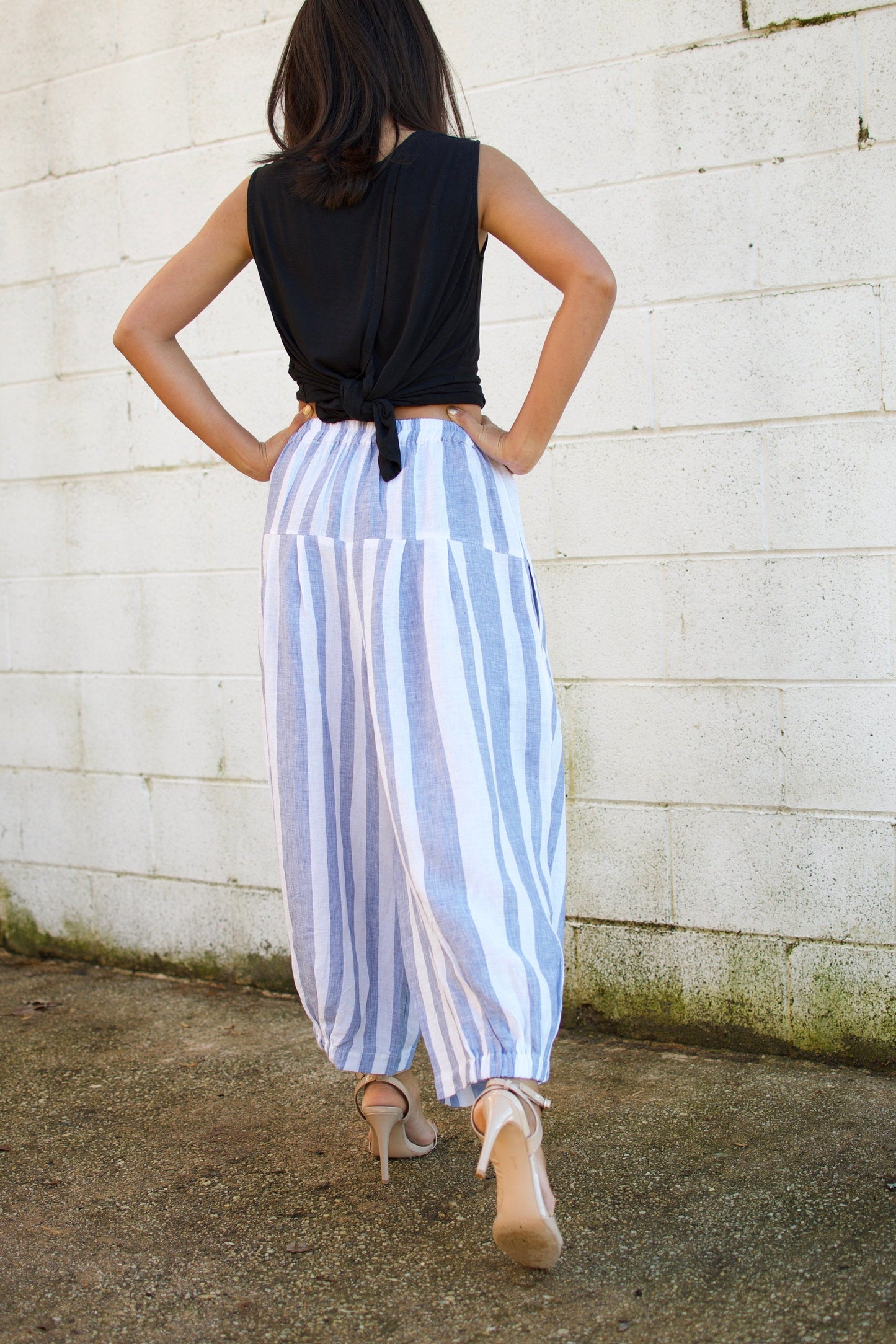MALA handworks Lyla Linen pants in White and Blue Stripe