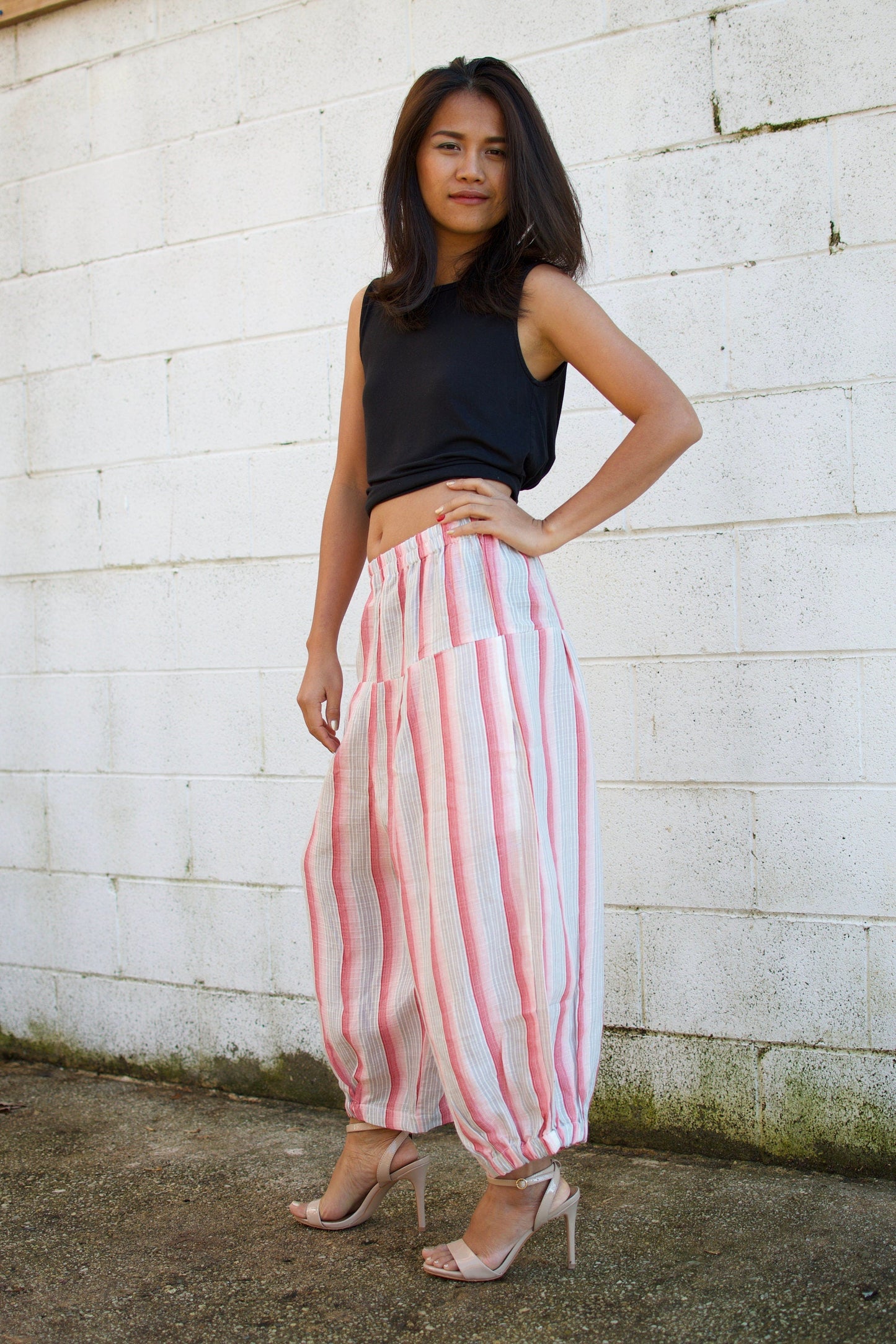 MALA handworks Lyla Linen pants in White and Pink Stripe