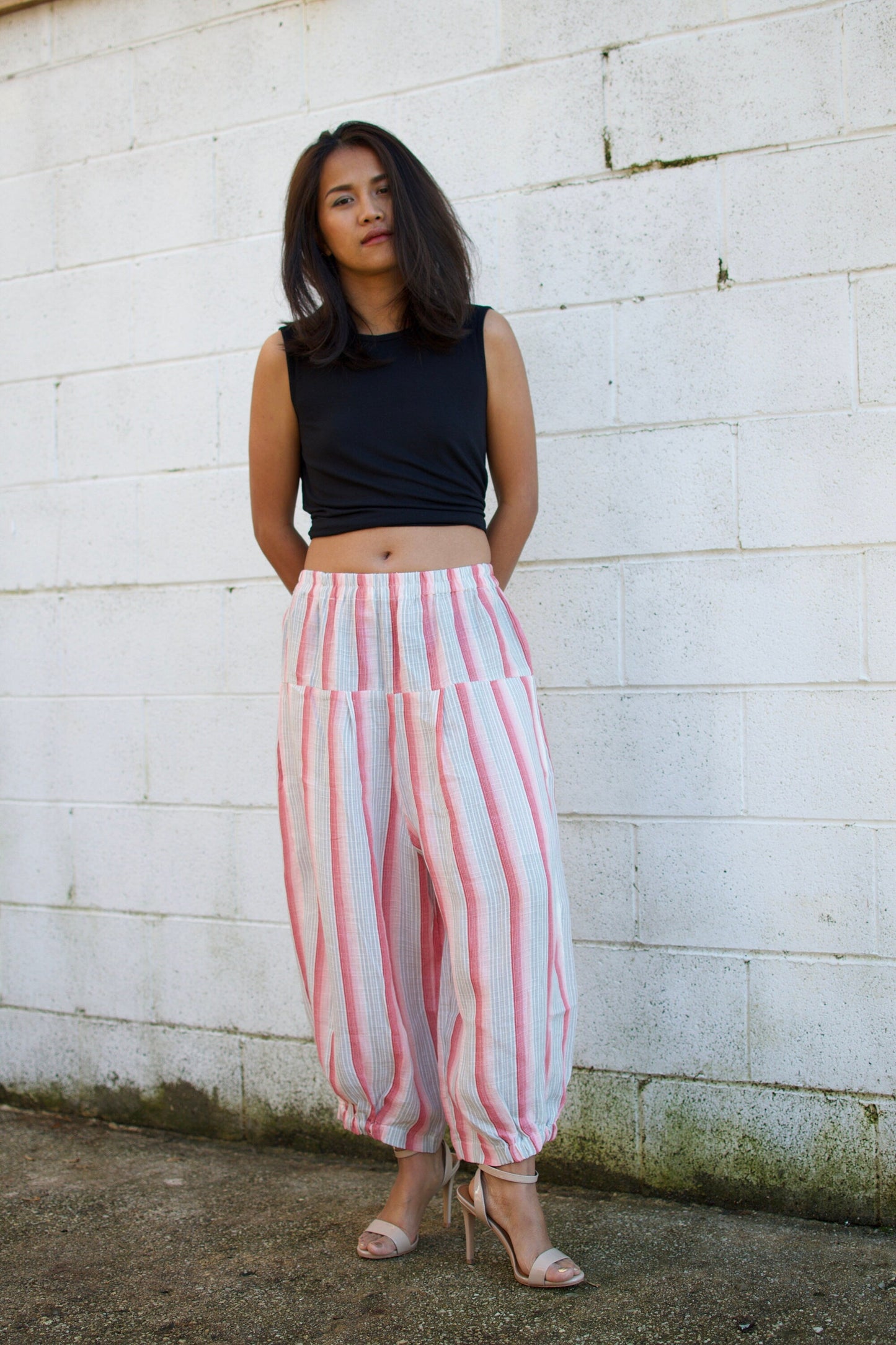 MALA handworks Lyla Linen pants in White and Pink Stripe