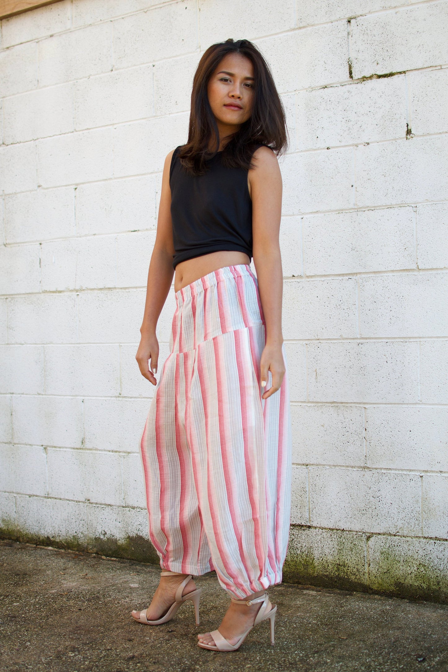MALA handworks Lyla Linen pants in White and Pink Stripe
