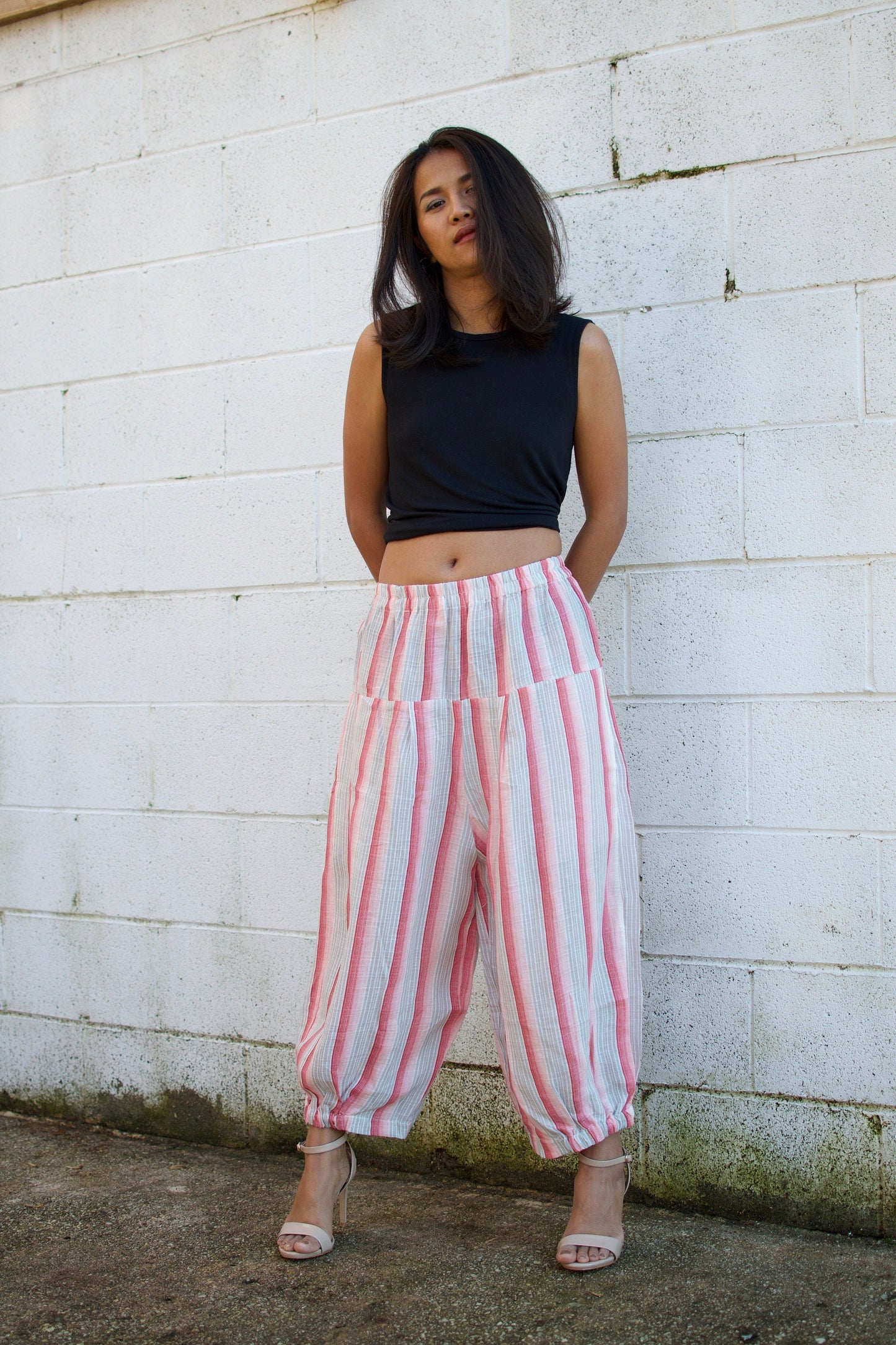 MALA handworks Lyla Linen pants in White and Pink Stripe
