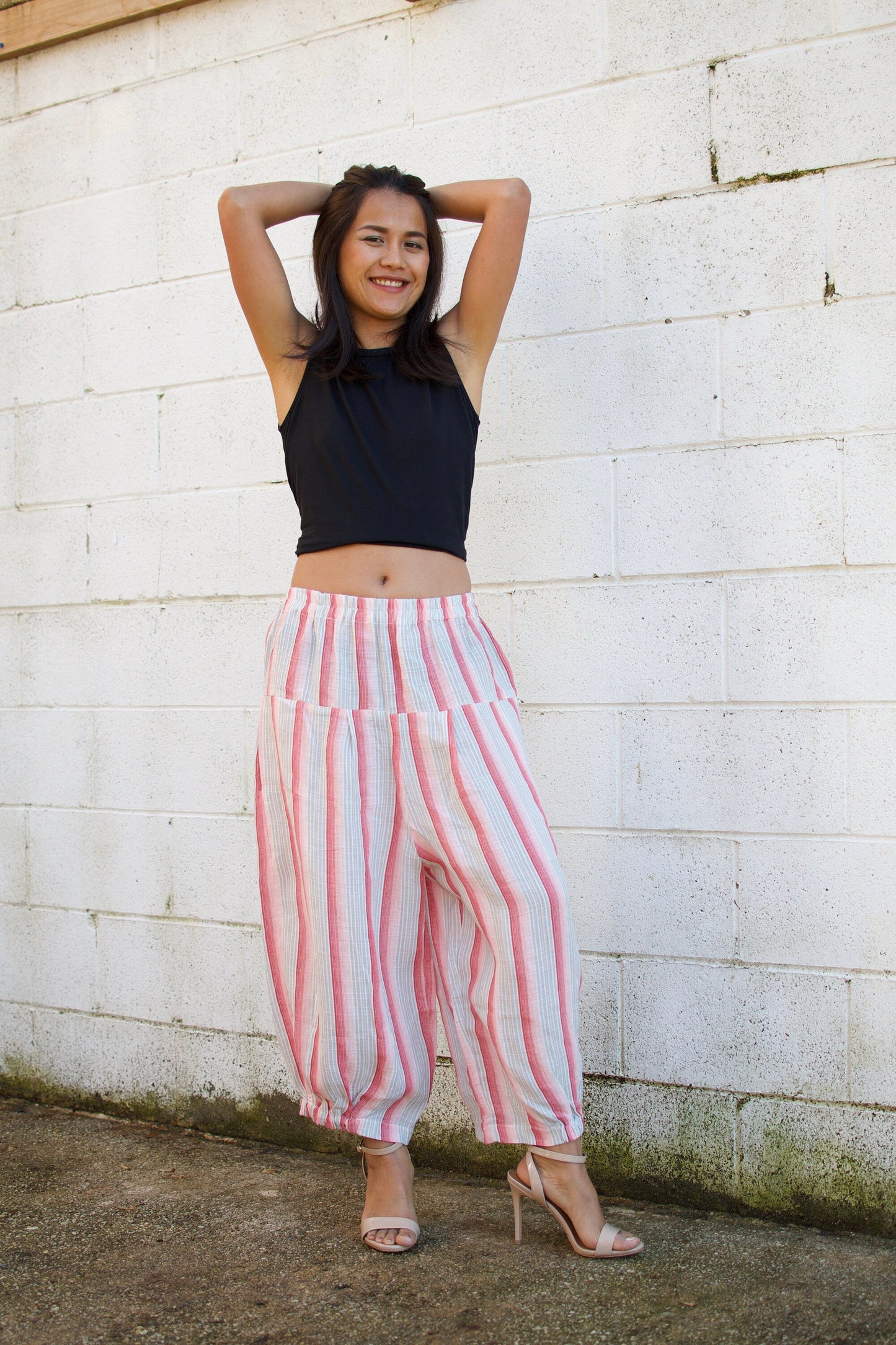 MALA handworks Lyla Linen pants in White and Pink Stripe