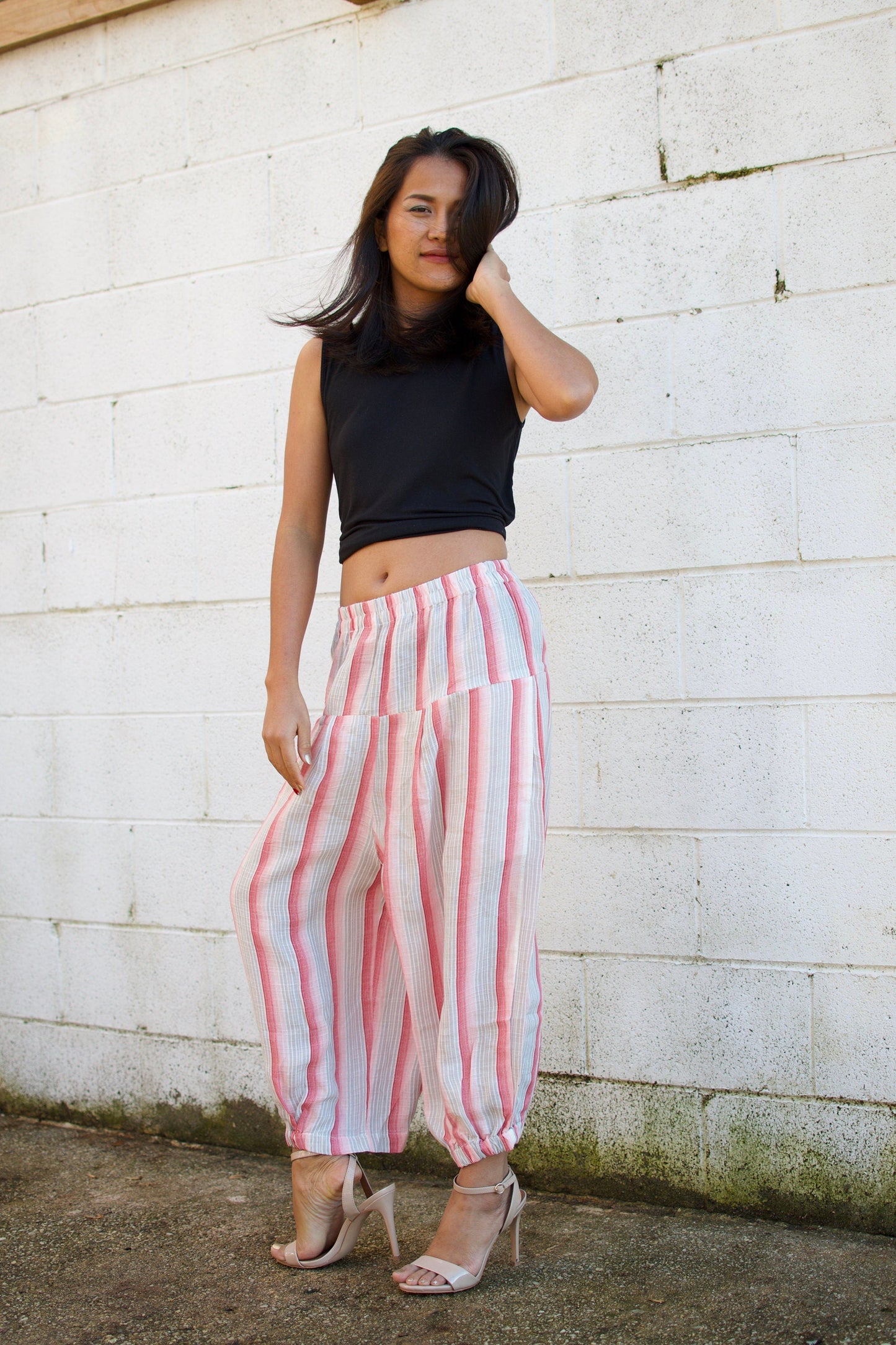 MALA handworks Lyla Linen pants in White and Pink Stripe