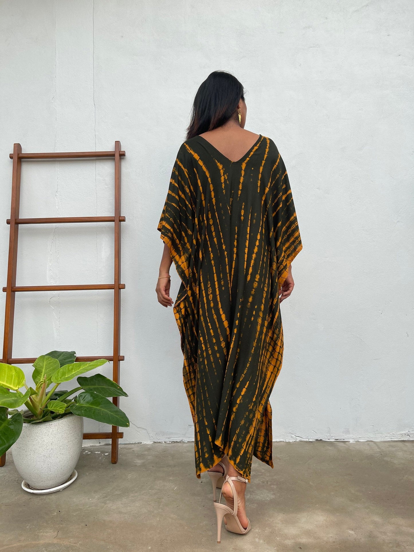 MALA handworks Mala Kaftan in Dark Olive Green and Orange Tie Dye