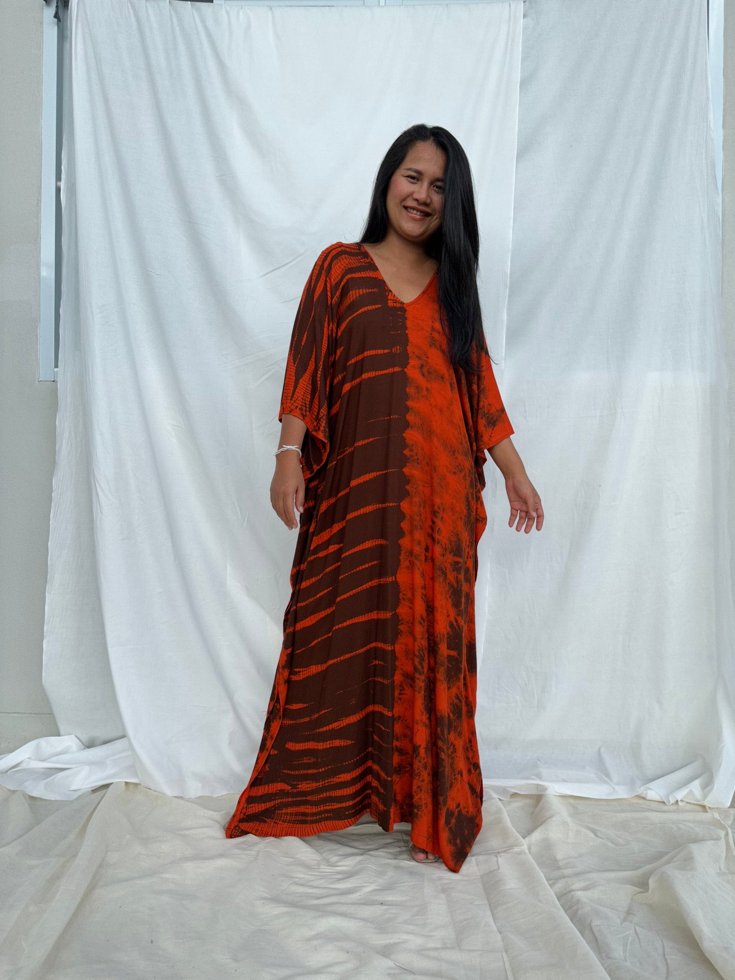 MALA handworks MaLa Kaftan in Earthy Red and Umber Brown Tie Dye