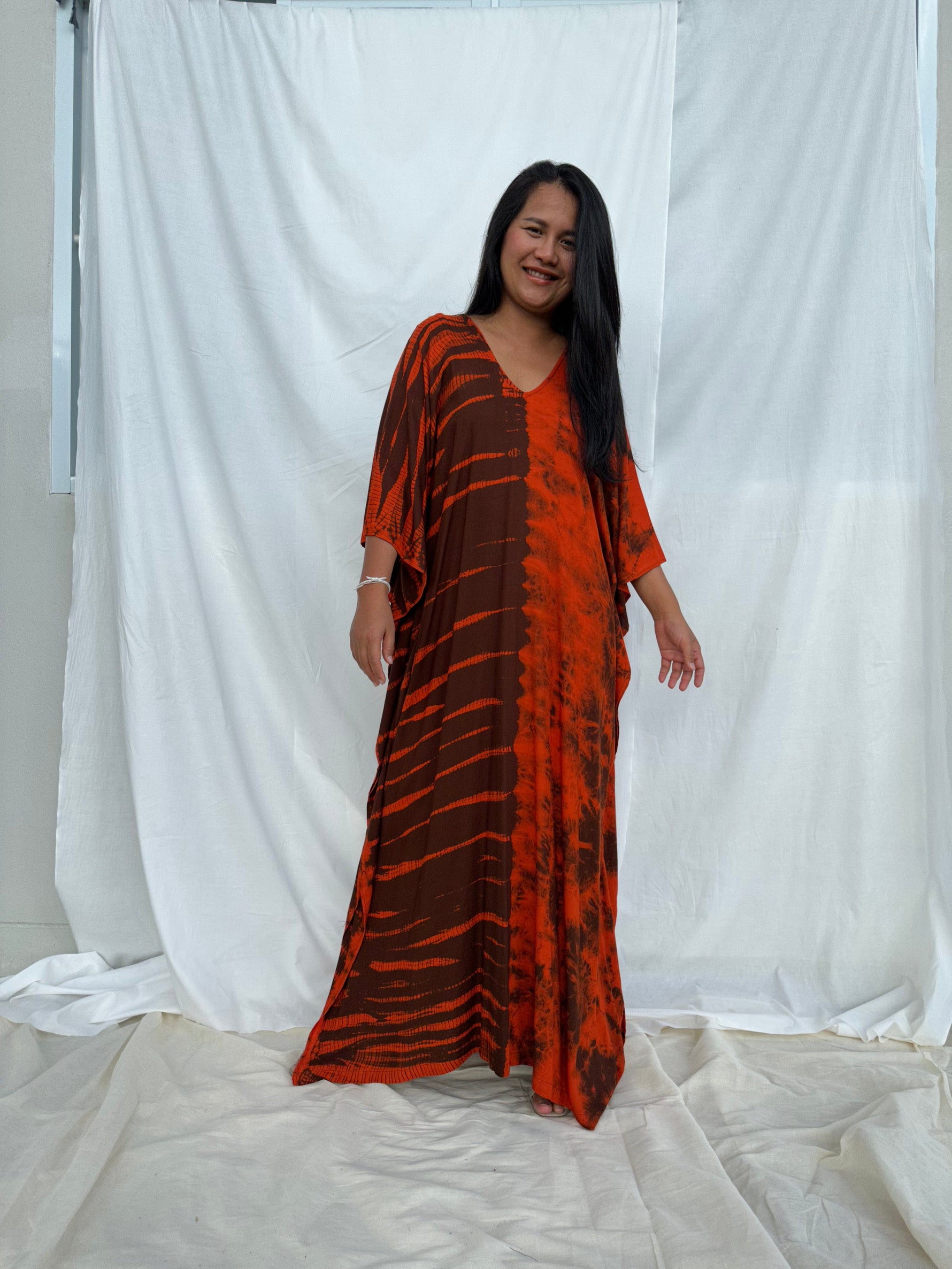 MALA handworks MaLa Kaftan in Earthy Red and Umber Brown Tie Dye