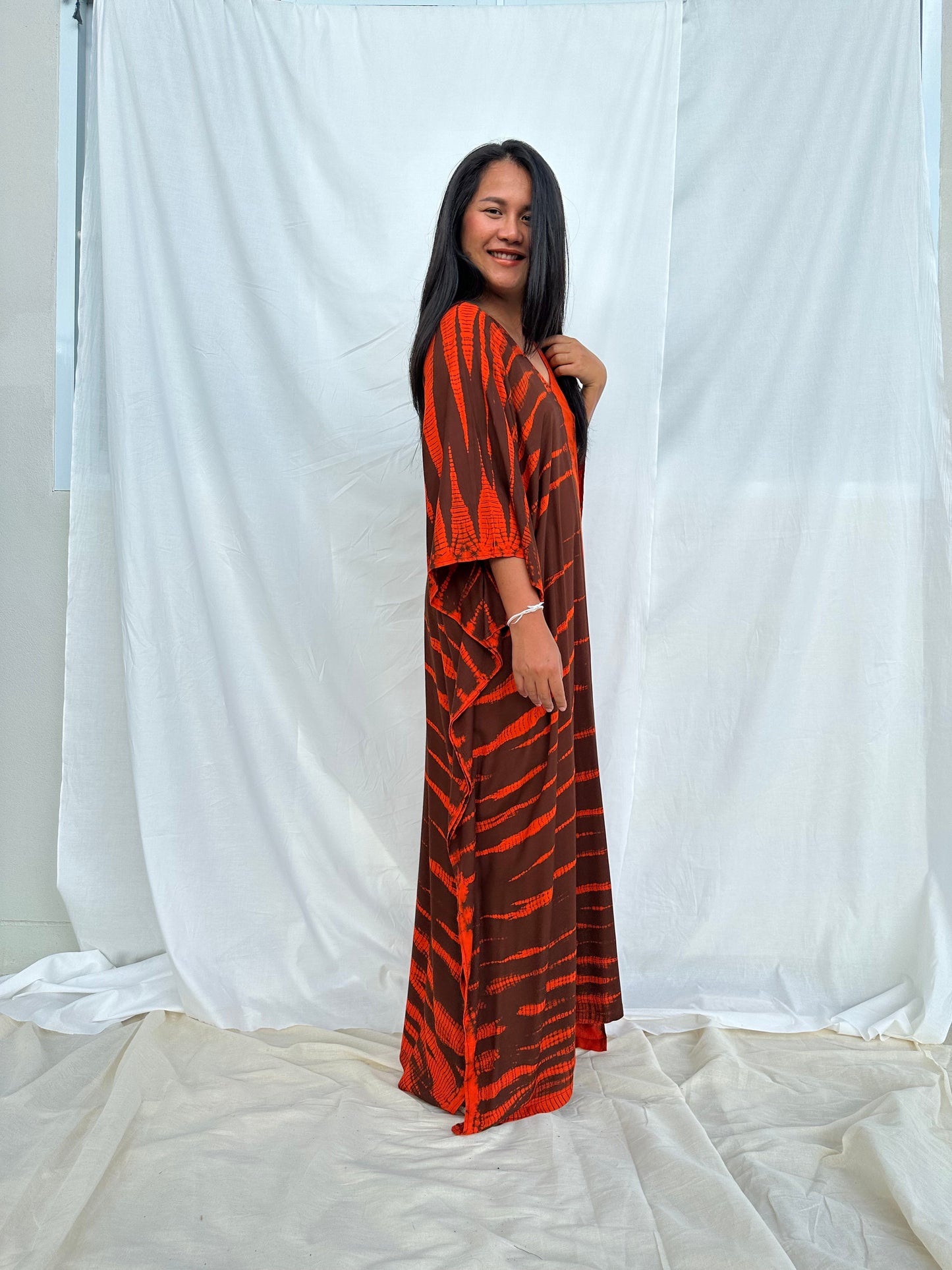 MALA handworks MaLa Kaftan in Earthy Red and Umber Brown Tie Dye
