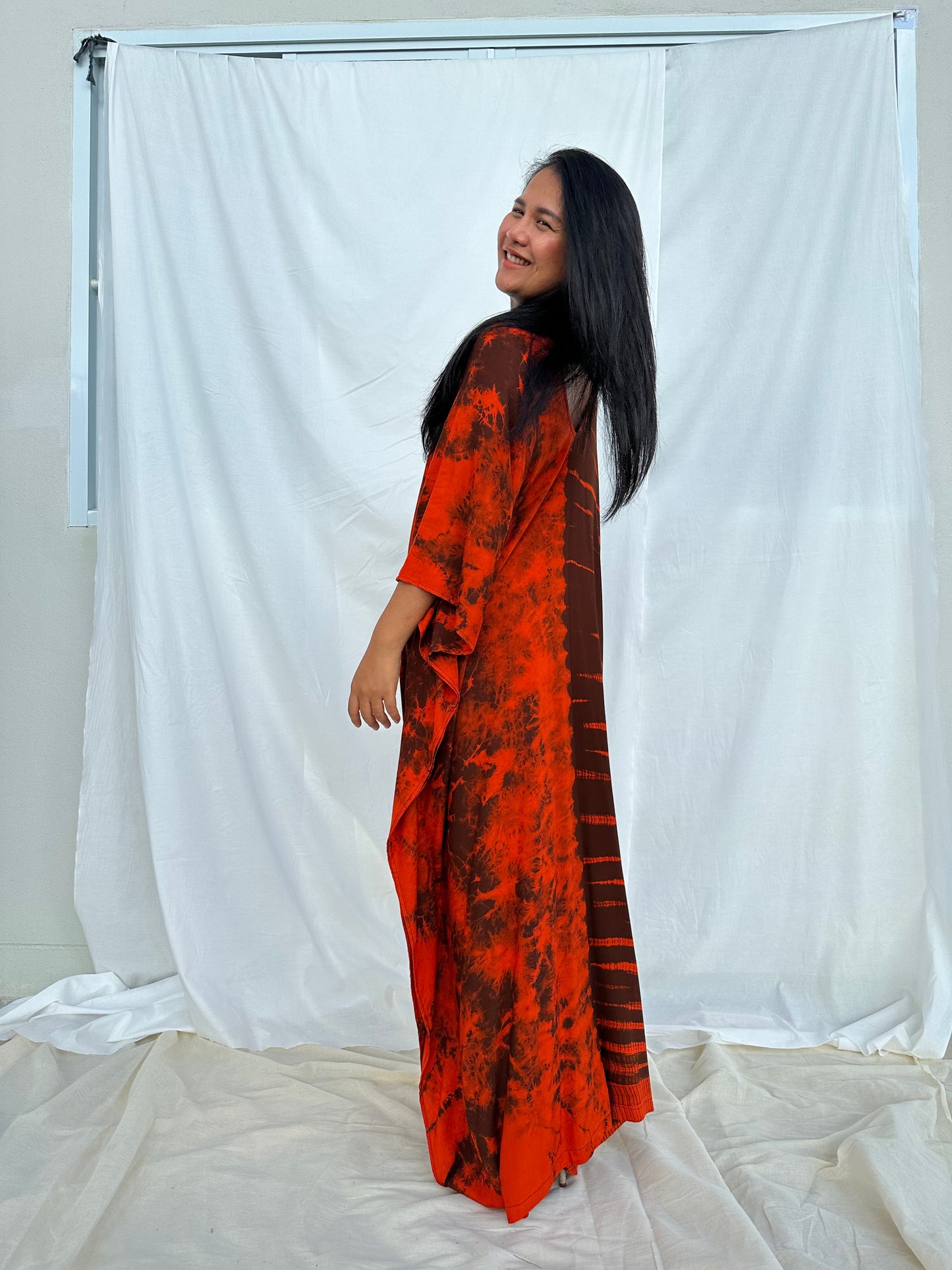 MALA handworks MaLa Kaftan in Earthy Red and Umber Brown Tie Dye