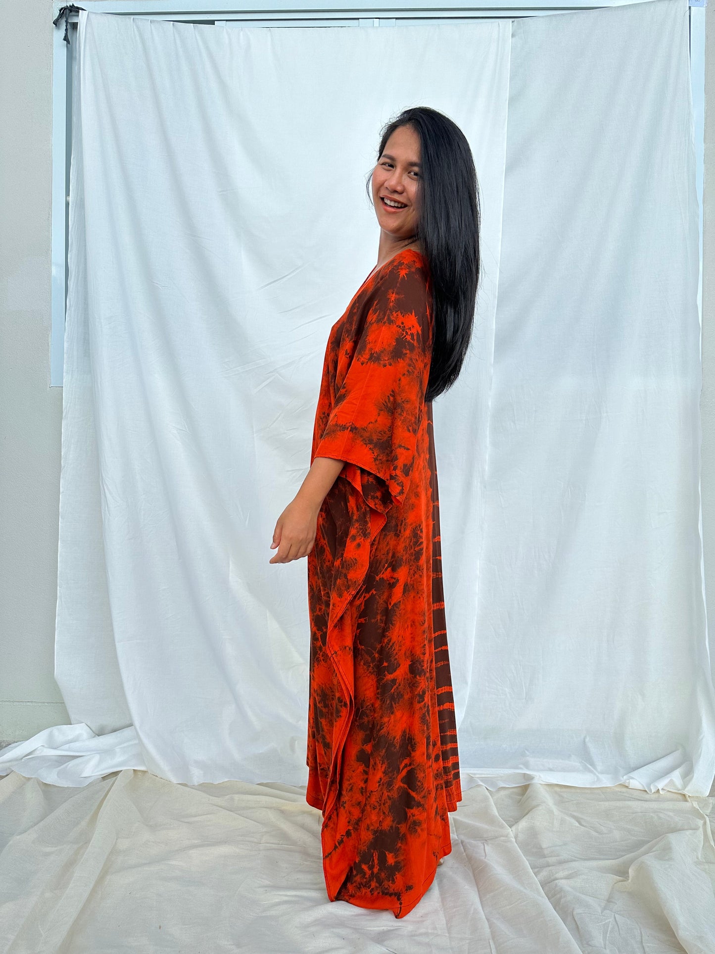 MALA handworks MaLa Kaftan in Earthy Red and Umber Brown Tie Dye
