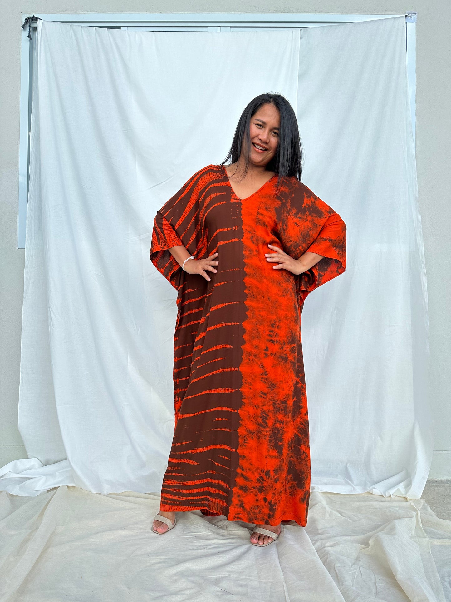 MALA handworks MaLa Kaftan in Earthy Red and Umber Brown Tie Dye