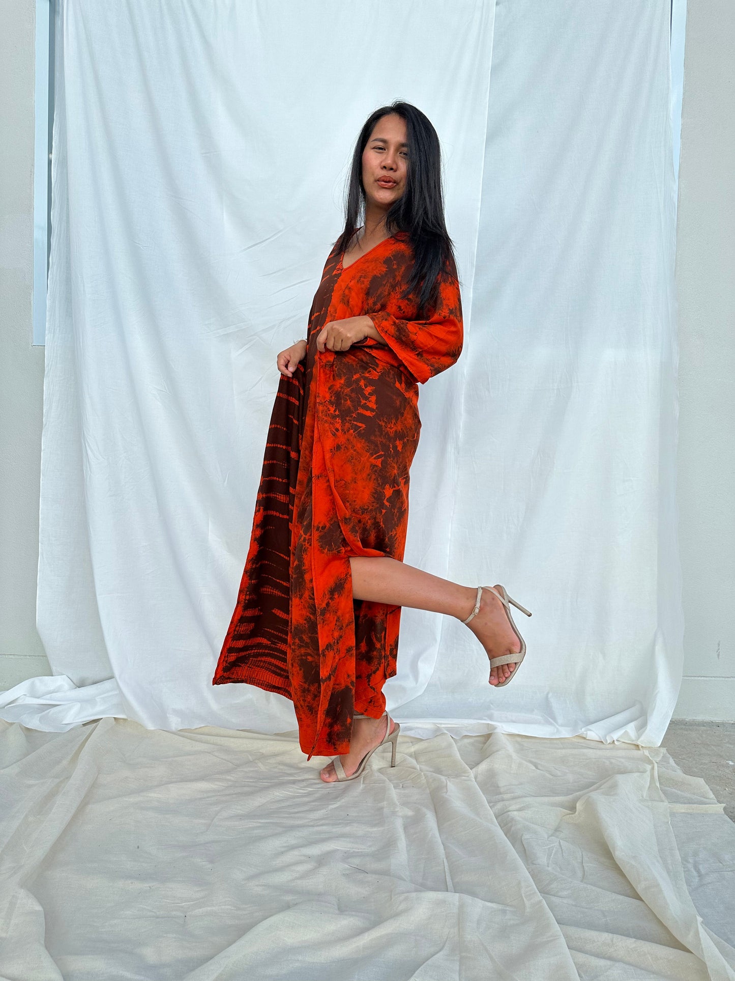 MALA handworks MaLa Kaftan in Earthy Red and Umber Brown Tie Dye