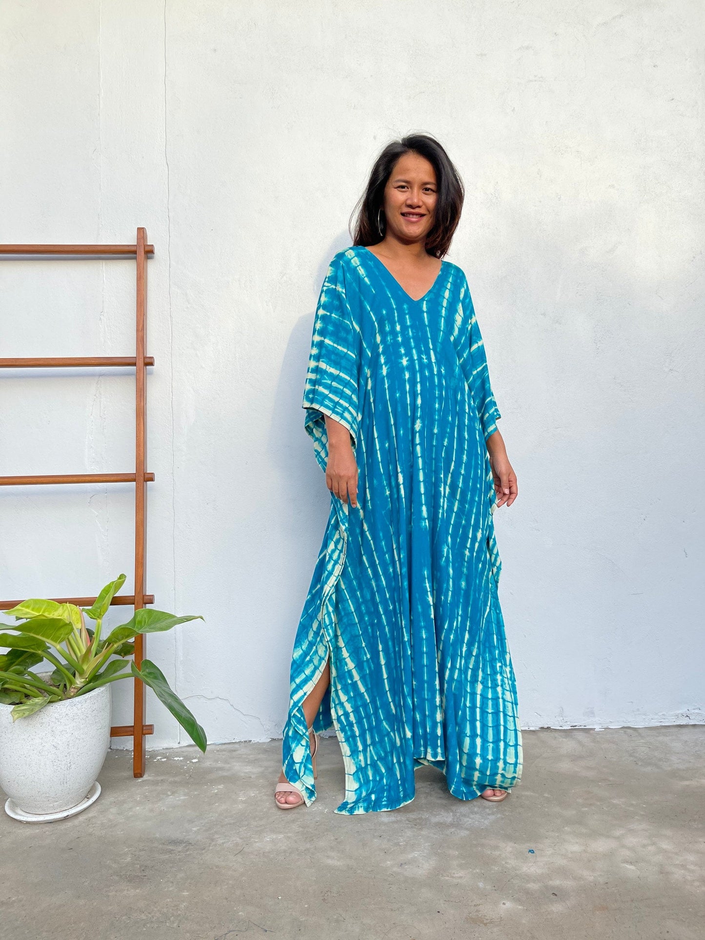 MALA handworks Mala Kaftan in Teal Aqua Blue and off White Tie Dye