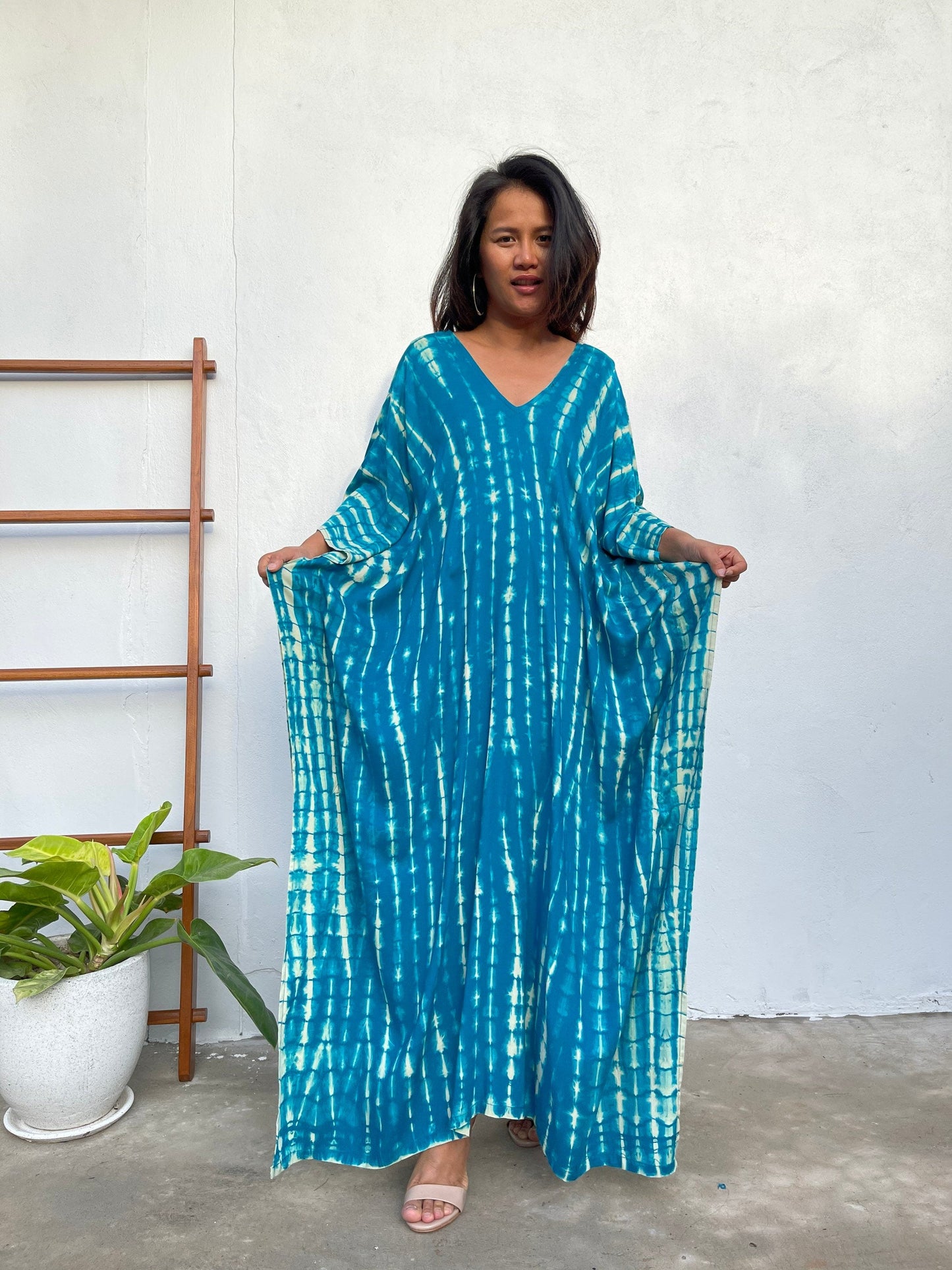 MALA handworks Mala Kaftan in Teal Aqua Blue and off White Tie Dye
