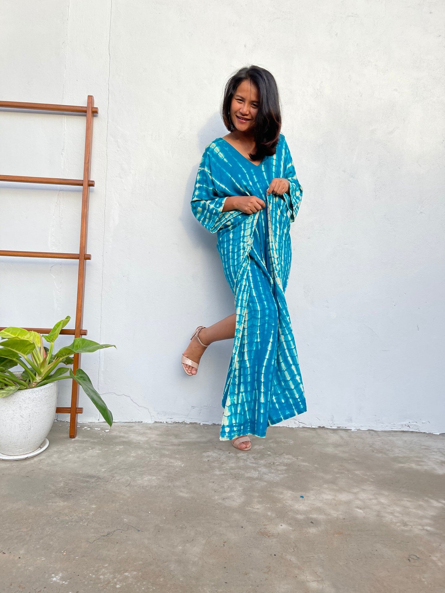 MALA handworks Mala Kaftan in Teal Aqua Blue and off White Tie Dye