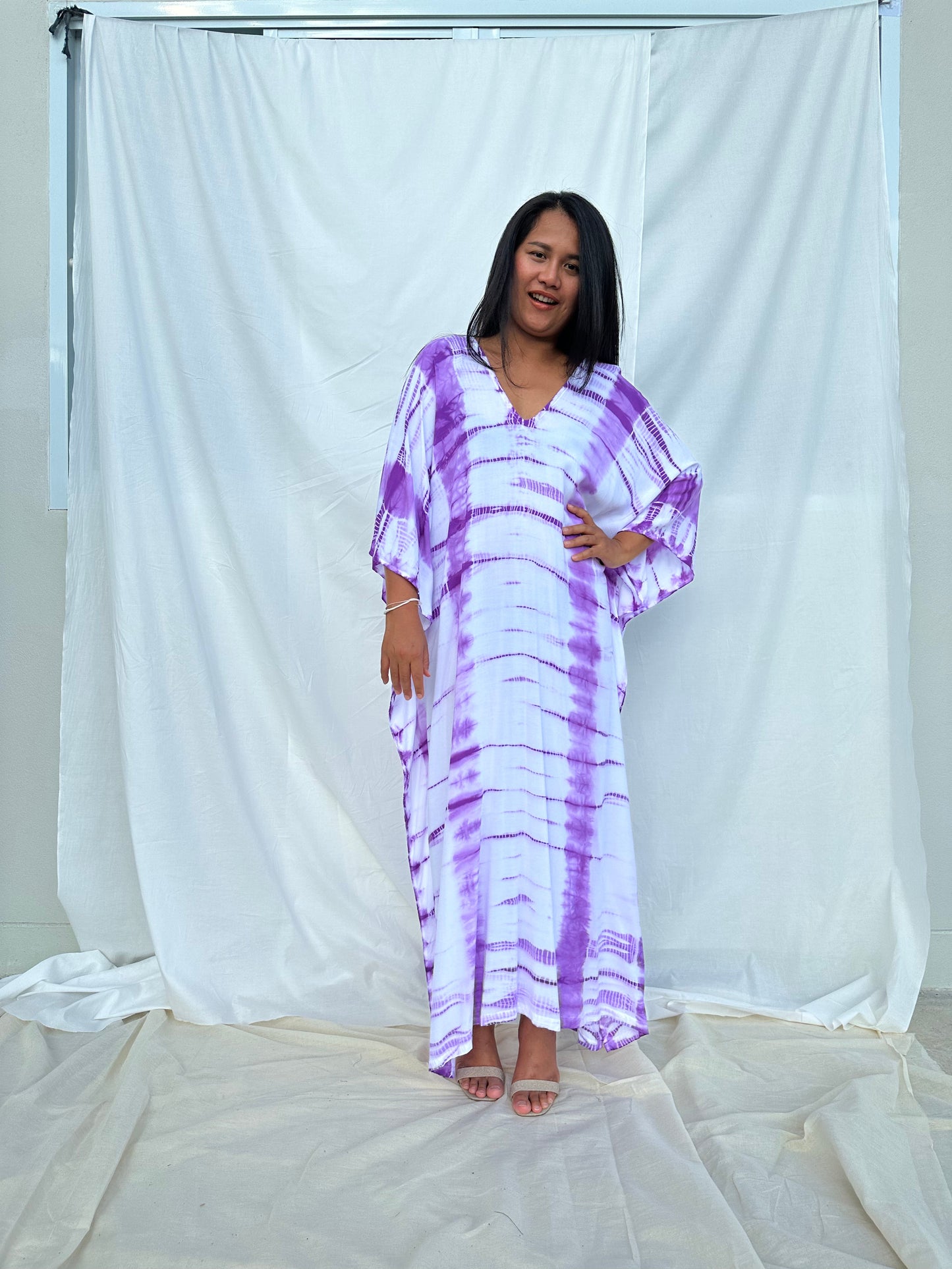MALA handworks Mala Kaftan in White and Lavender Tie Dye