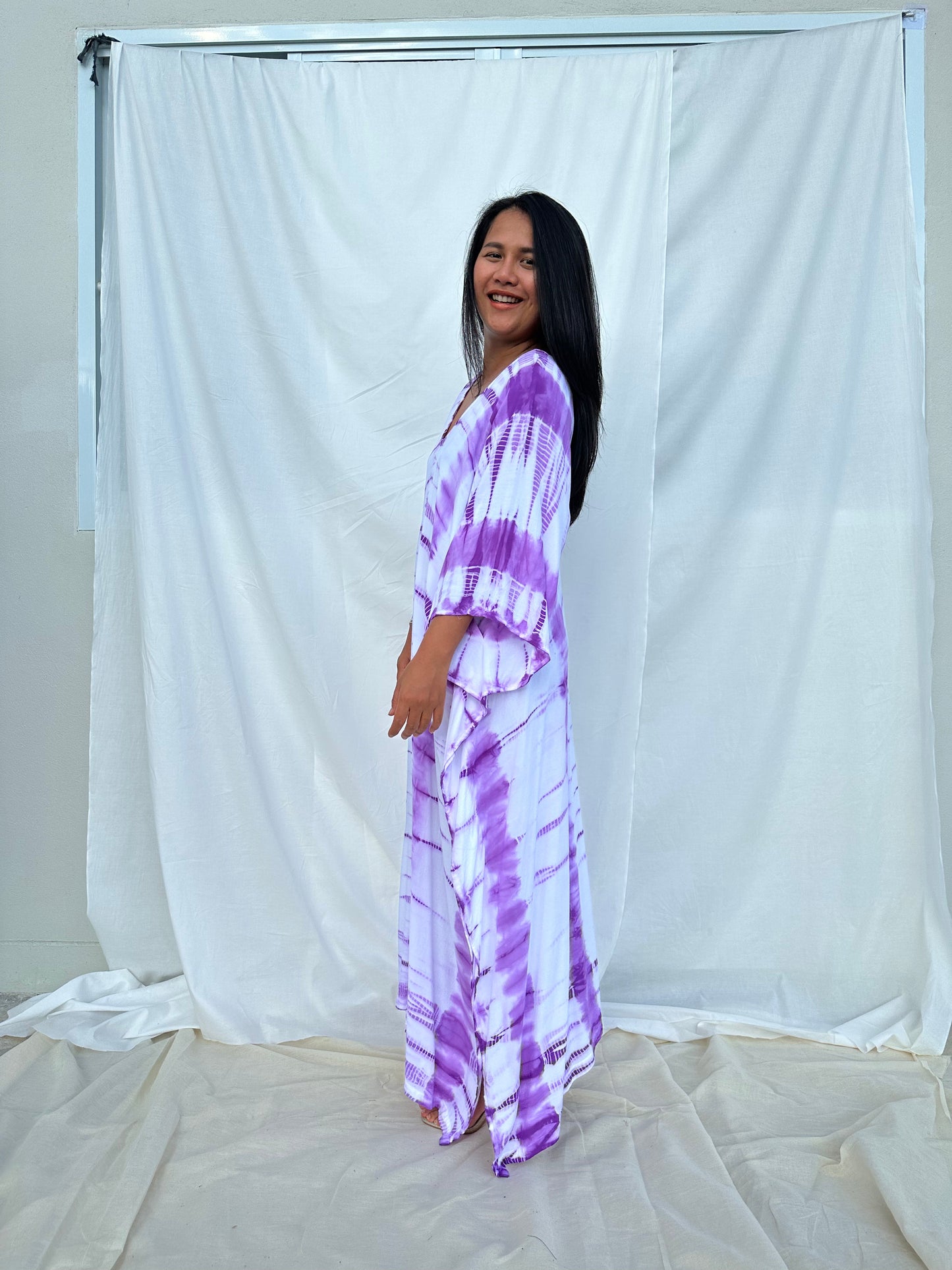 MALA handworks Mala Kaftan in White and Lavender Tie Dye