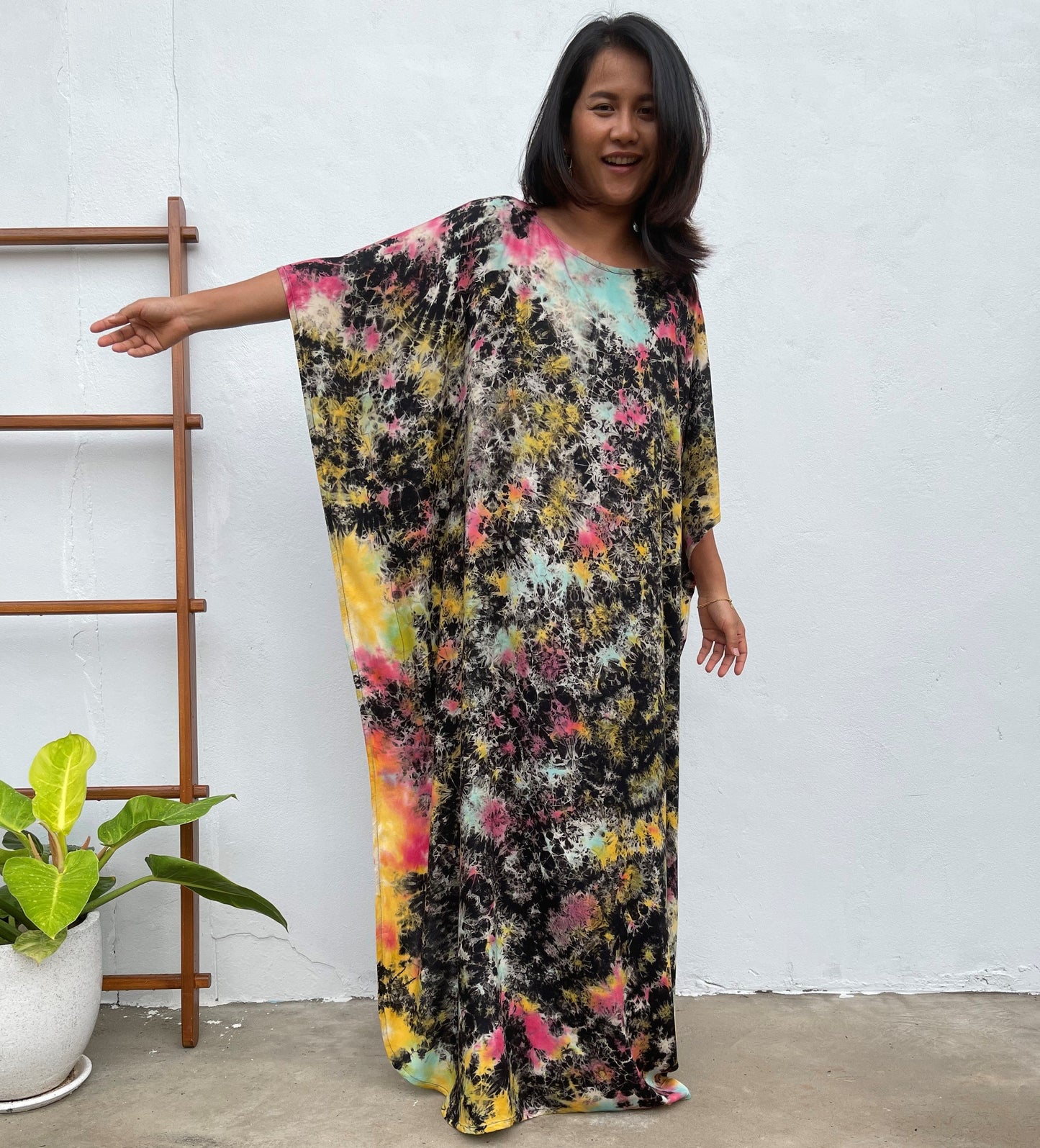 MALA handworks Mia Boat Neck Kaftan in Black and Rainbow Tie Dye
