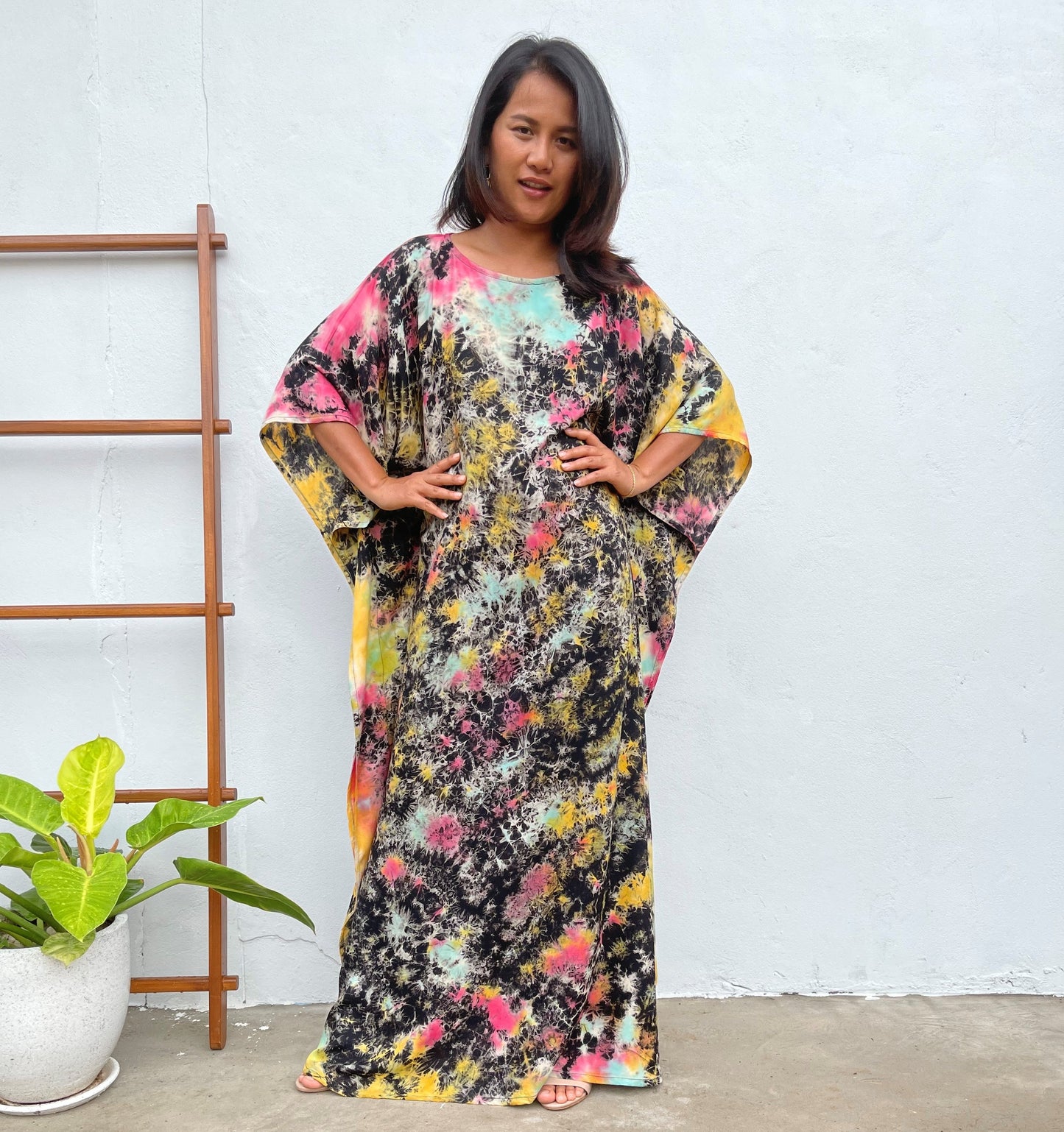 MALA handworks Mia Boat Neck Kaftan in Black and Rainbow Tie Dye