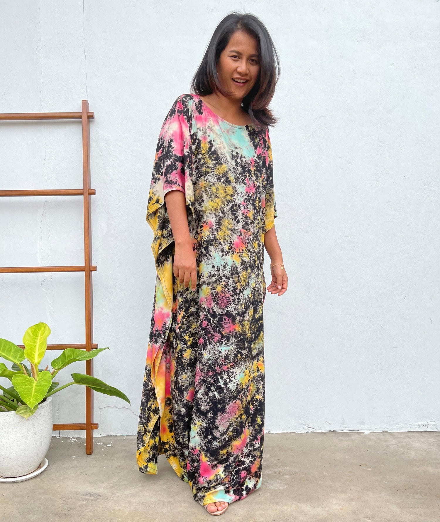 MALA handworks Mia Boat Neck Kaftan in Black and Rainbow Tie Dye