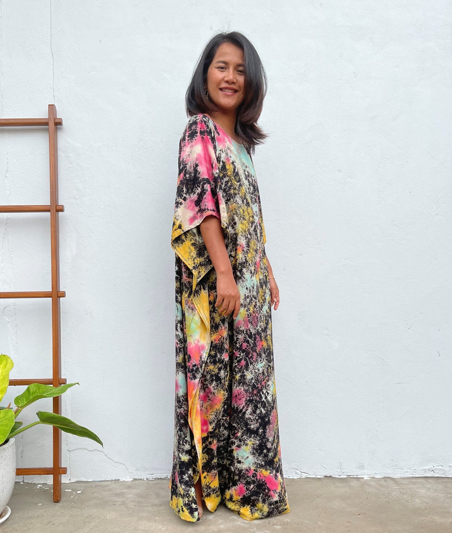 MALA handworks Mia Boat Neck Kaftan in Black and Rainbow Tie Dye