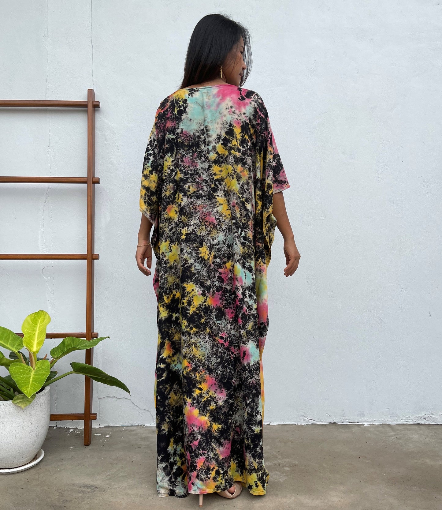 MALA handworks Mia Boat Neck Kaftan in Black and Rainbow Tie Dye