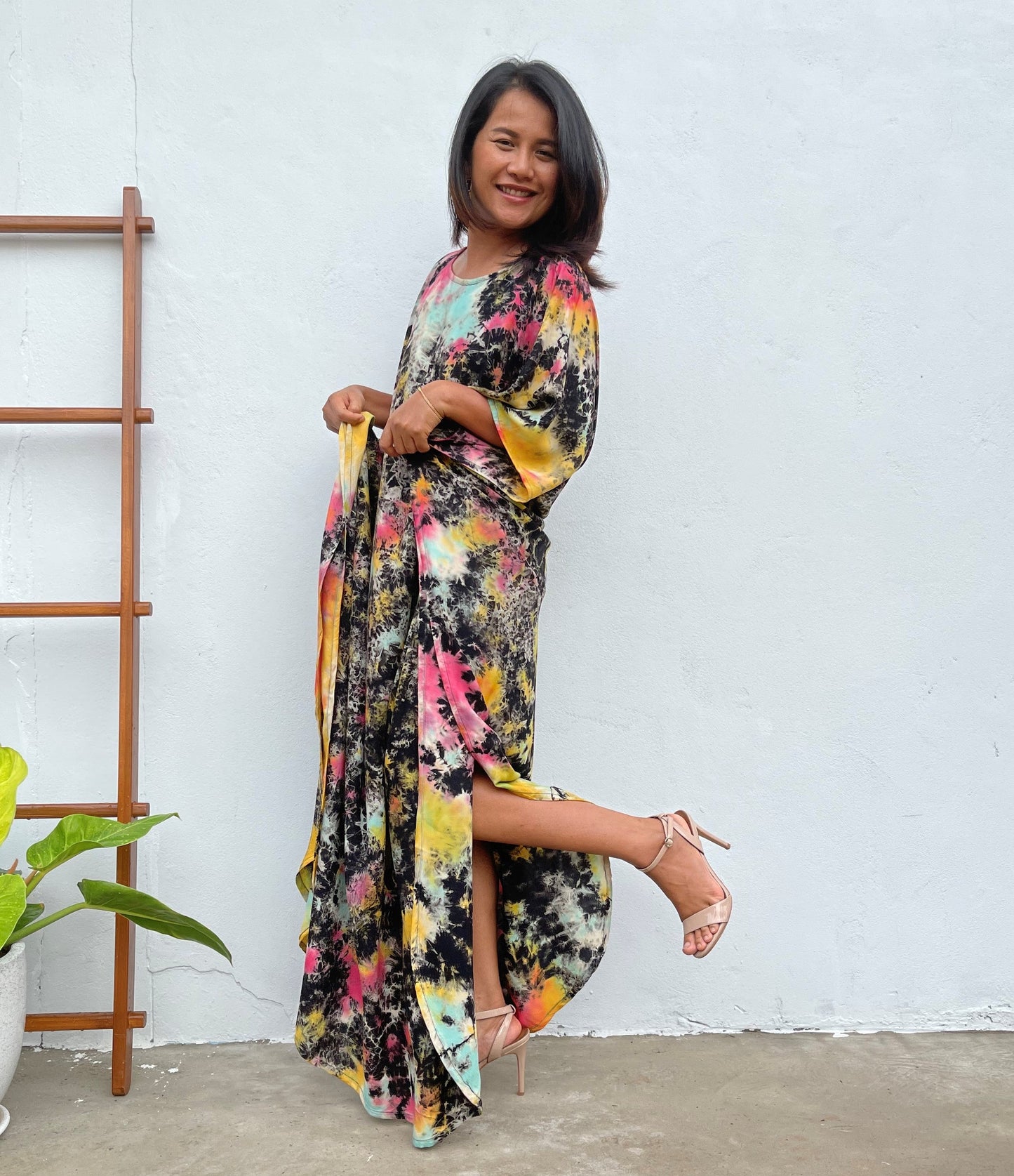 MALA handworks Mia Boat Neck Kaftan in Black and Rainbow Tie Dye