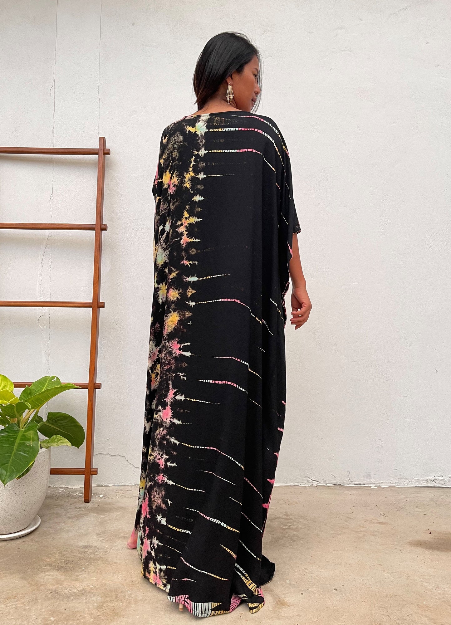 MALA handworks Mia Boat Neck Kaftan in Black and Rainbow Tie Dye