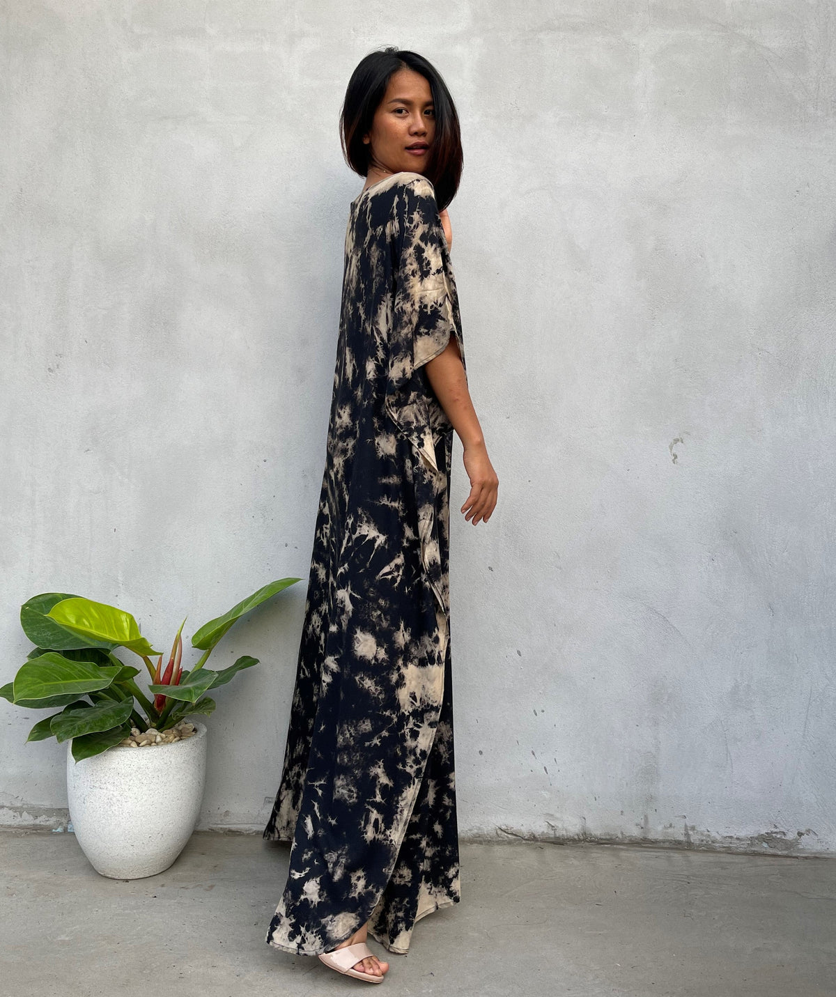 MALA handworks Mia Boat Neck Kaftan in Black Tie Dye