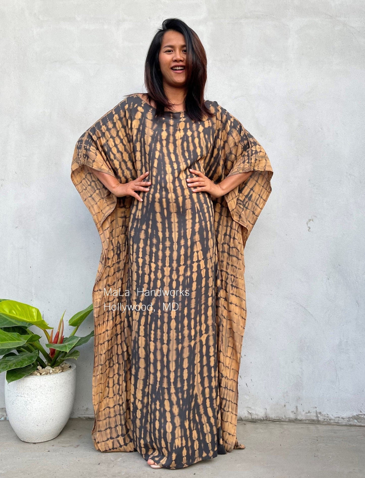 MALA handworks 50 Mia Boat Neck Kaftan in Gray and Brown Tie Dye
