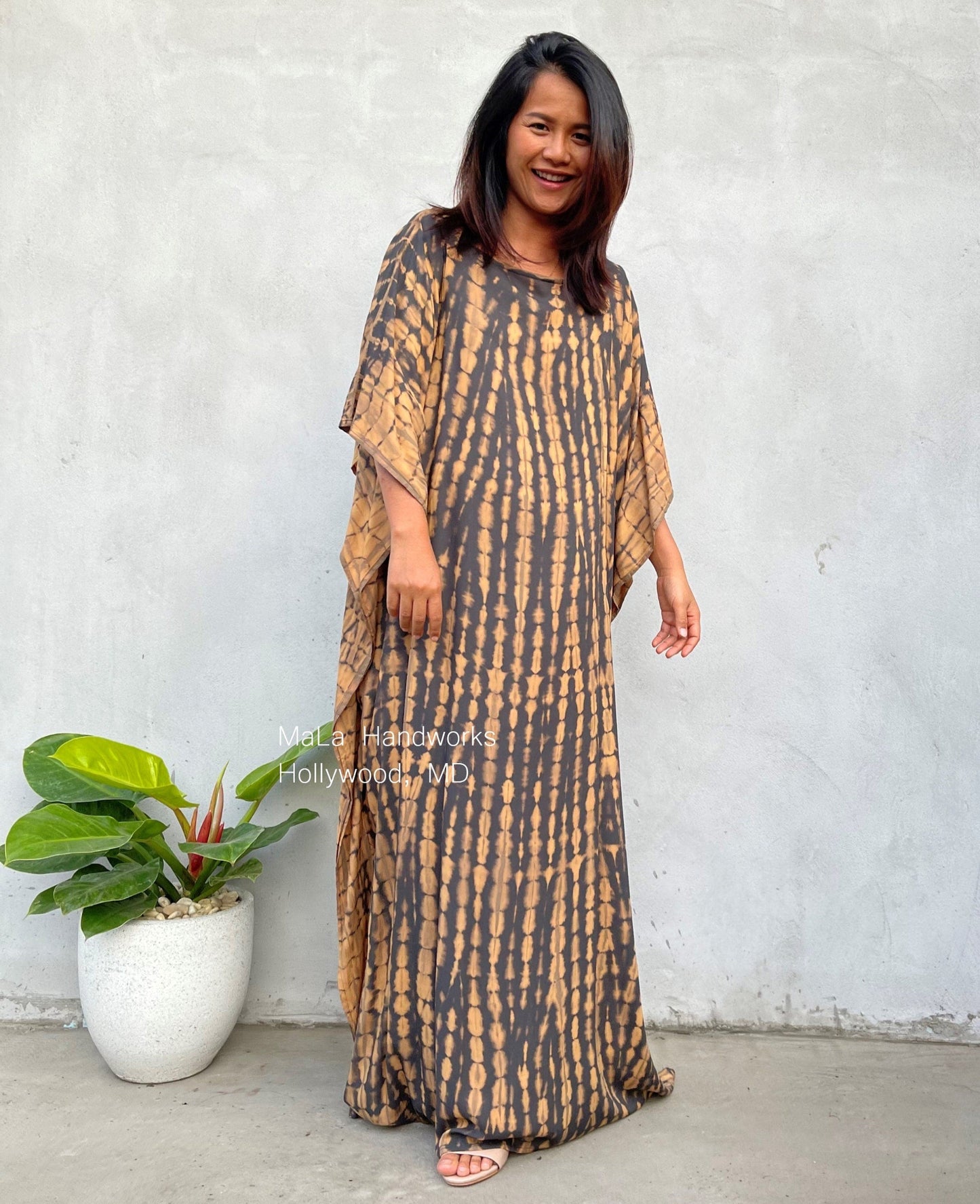 MALA handworks 50 Mia Boat Neck Kaftan in Gray and Brown Tie Dye