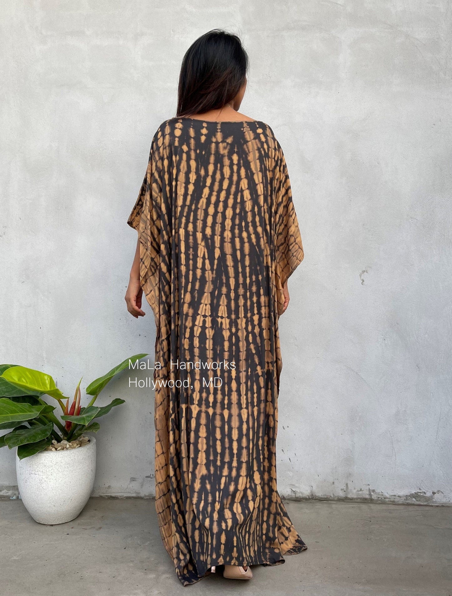 MALA handworks 50 Mia Boat Neck Kaftan in Gray and Brown Tie Dye