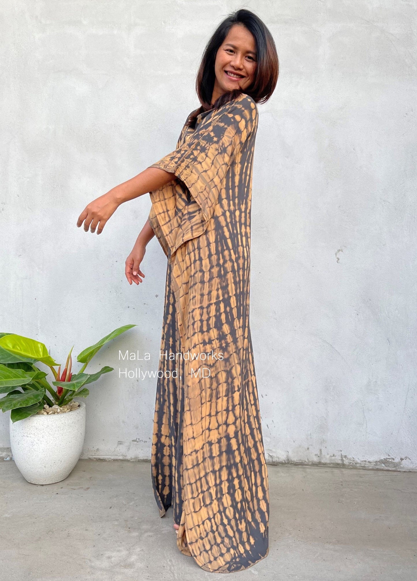 MALA handworks 50 Mia Boat Neck Kaftan in Gray and Brown Tie Dye
