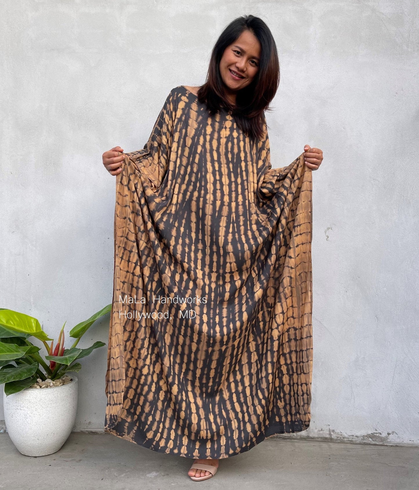 MALA handworks 50 Mia Boat Neck Kaftan in Gray and Brown Tie Dye