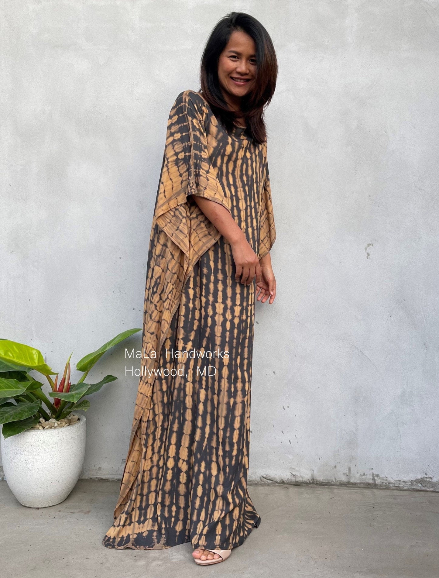 MALA handworks 50 Mia Boat Neck Kaftan in Gray and Brown Tie Dye
