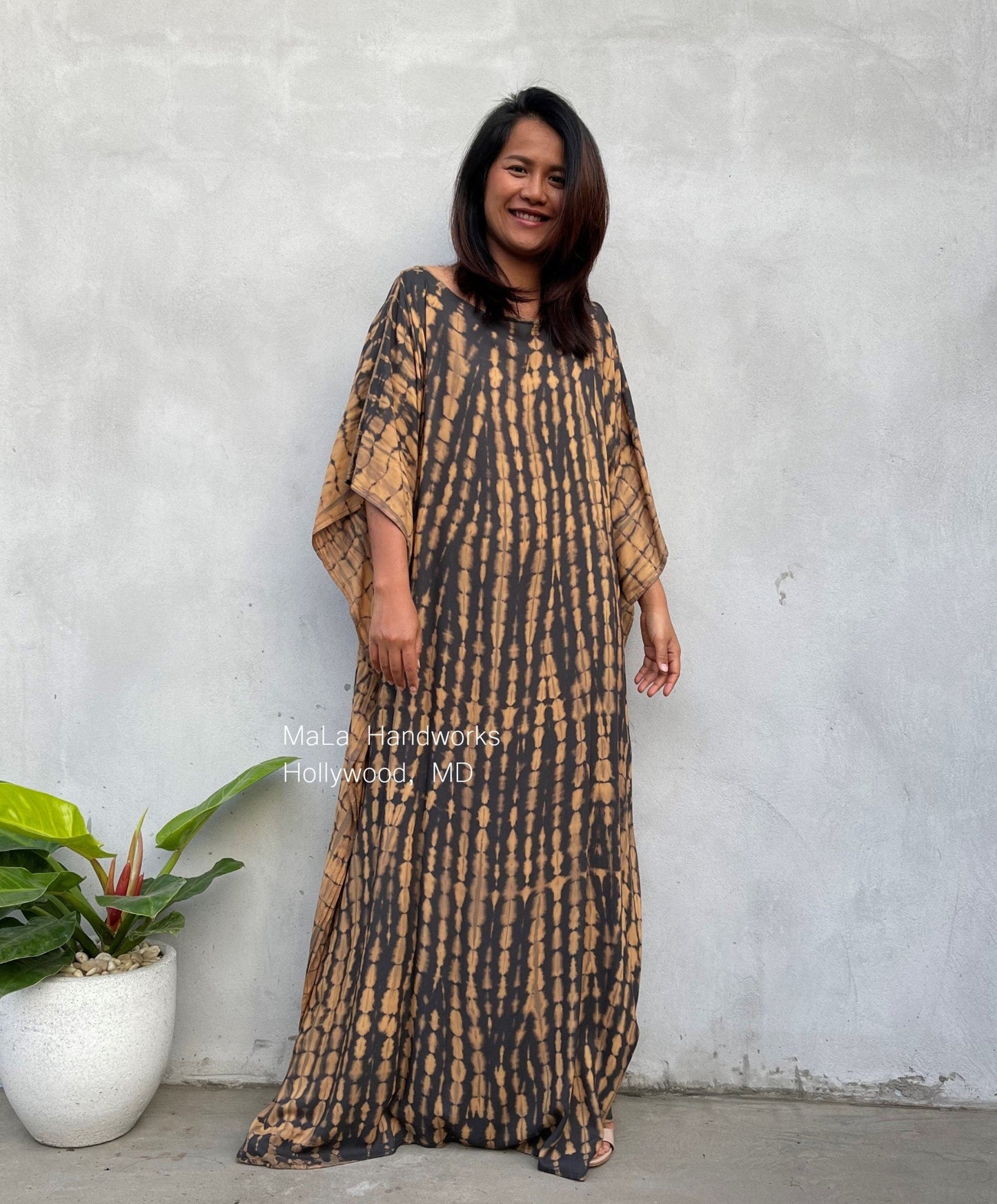 MALA handworks 50 Mia Boat Neck Kaftan in Gray and Brown Tie Dye