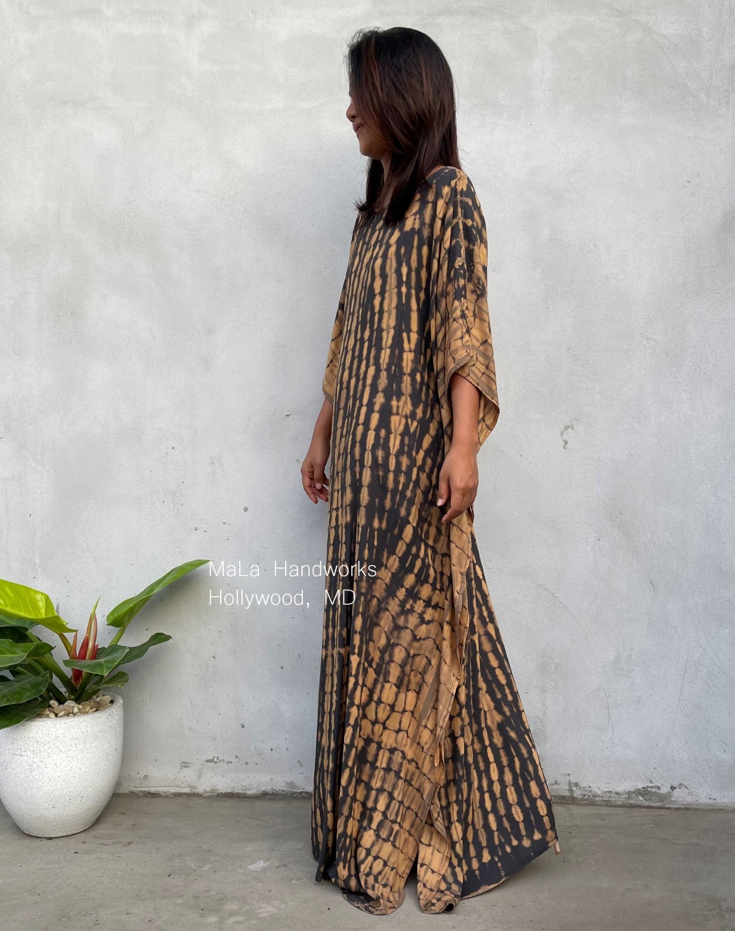 MALA handworks 50 Mia Boat Neck Kaftan in Gray and Brown Tie Dye