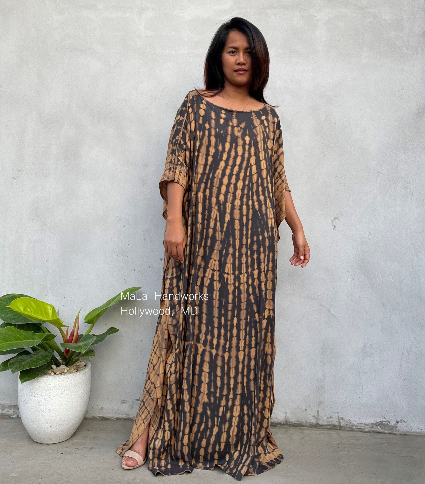 MALA handworks 50 Mia Boat Neck Kaftan in Gray and Brown Tie Dye